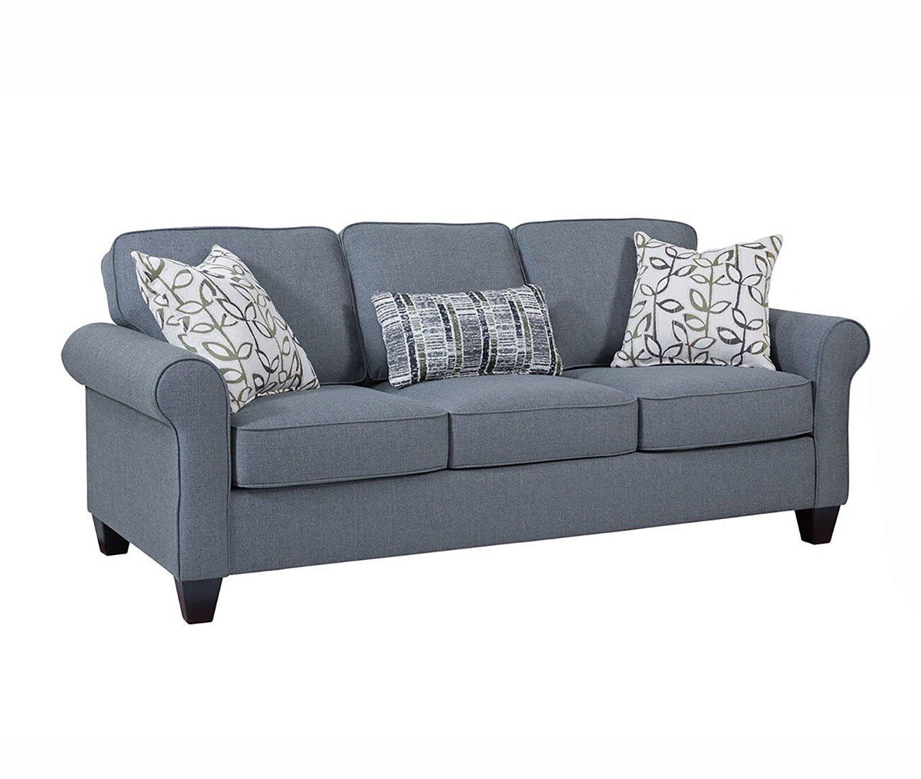 Classic Cottage Blue Fabric Sofa with Rolled Arms and Pillows