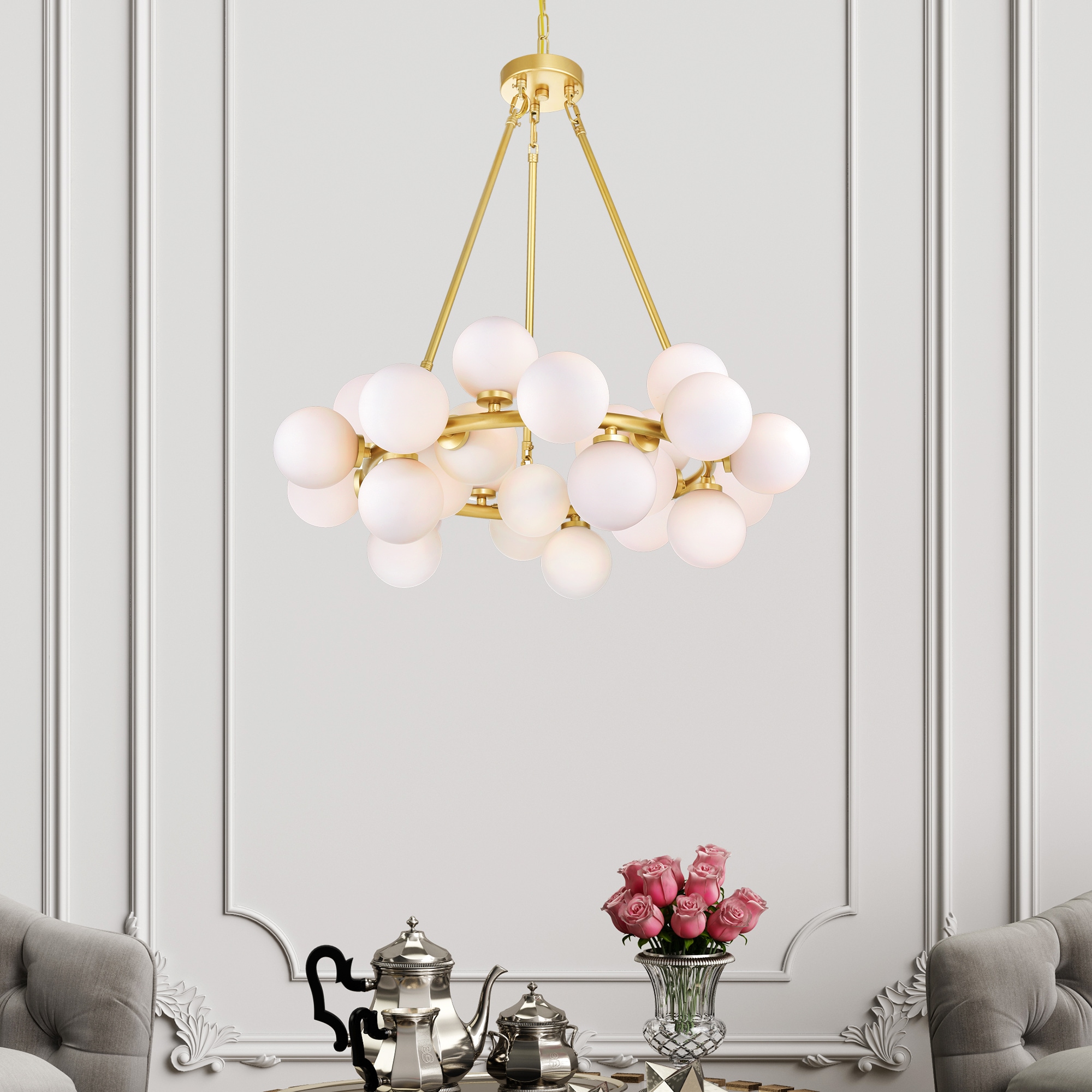 Celestial Frosted Glass 25-Light Chandelier in Satin Gold and White