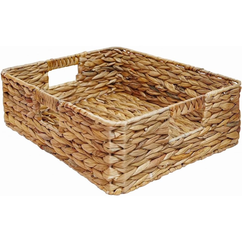 Baginizer Water Hyacinth Rectangular Wicker Storage Baskets 13x10.6x4.5 Inch Square Shallow with Handle for Shelves Drawer #BAGINIZER000190