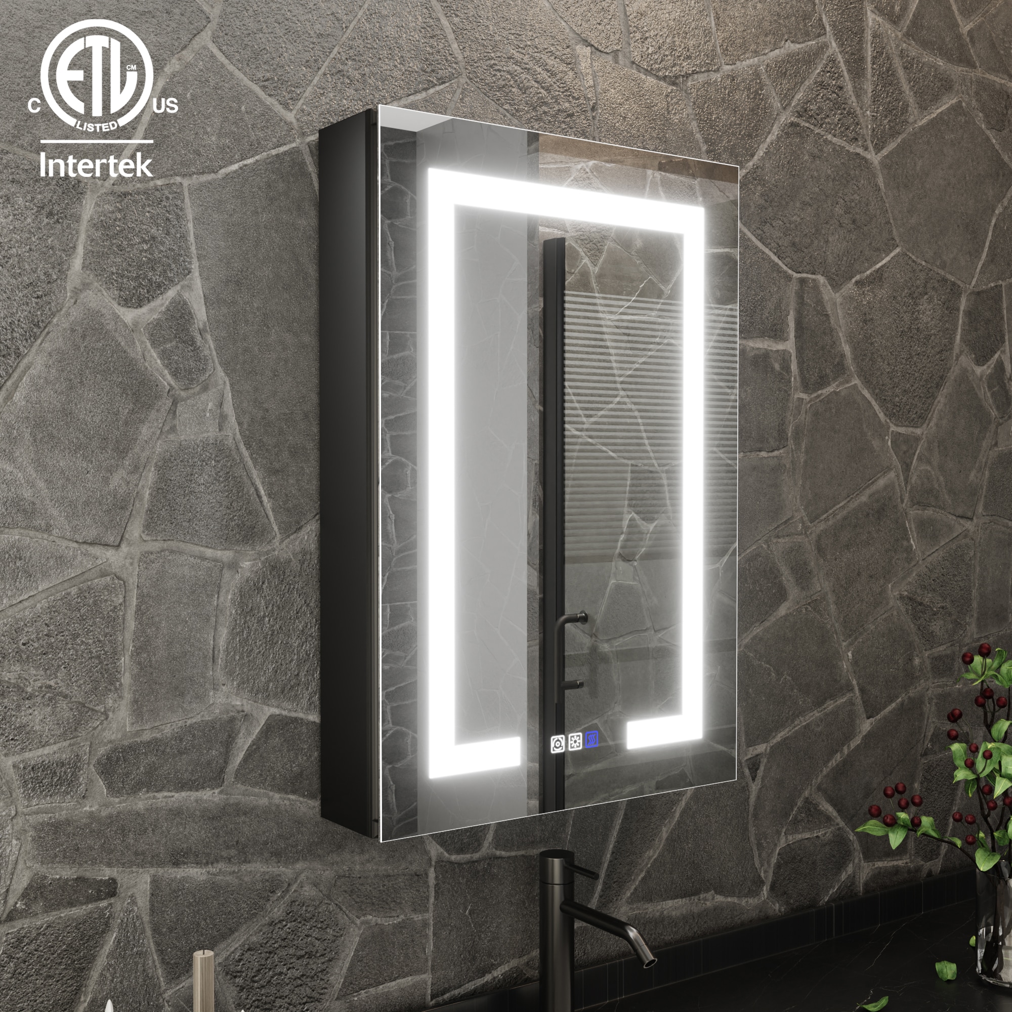 ExBrite EBMC2030V3LB Shadowe 20-in x 30-in Lighted LED Fog Free Surface/Recessed Mount Matte Black Mirrored Rectangle Soft Close Medicine Cabinet with Outlet