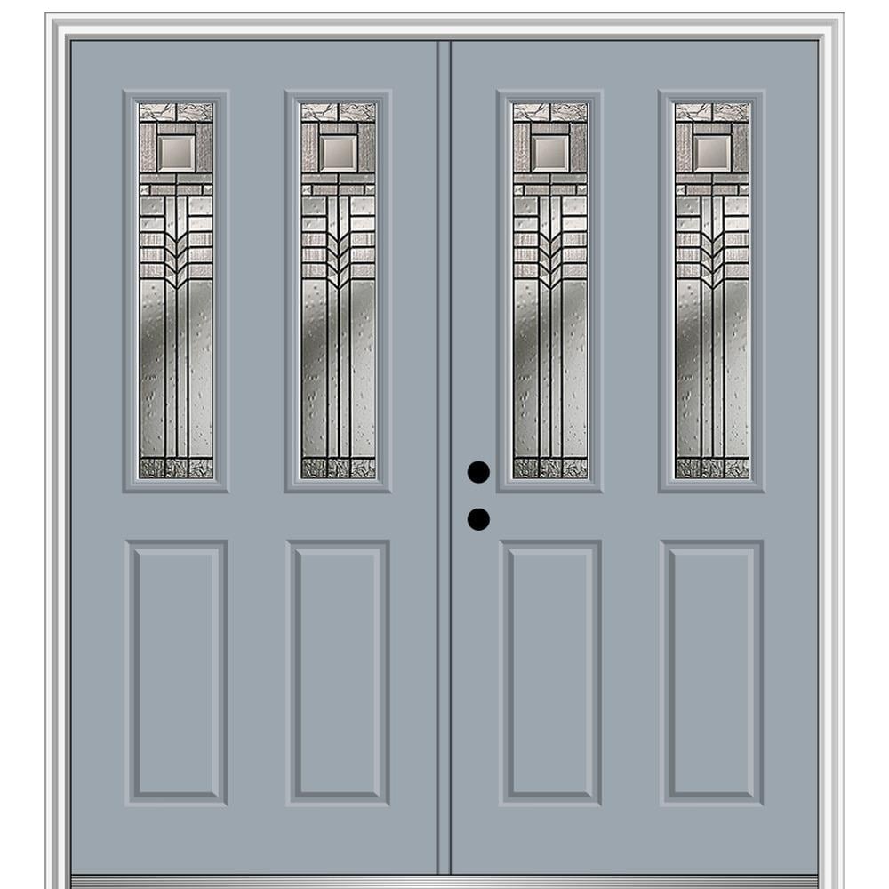 MMI DOOR ZZ3664939R 72-in x 80-in x 4-9/16-in Fiberglass Twin lite Right-hand inswing Storm Cloud Painted Prehung Double Front Door with Brickmould Insulating core