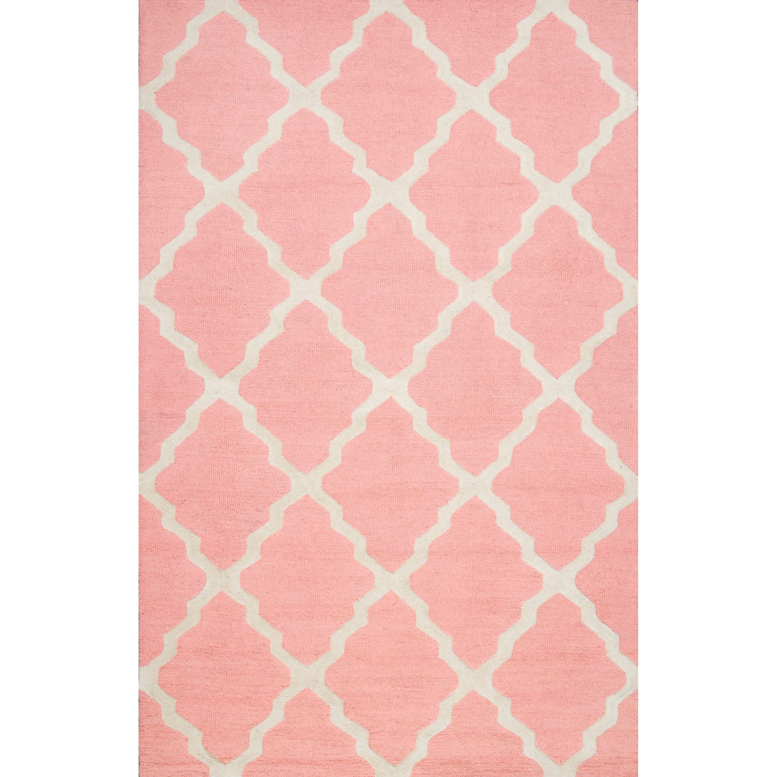 Handmade Baby Pink Wool Trellis Rectangular Rug