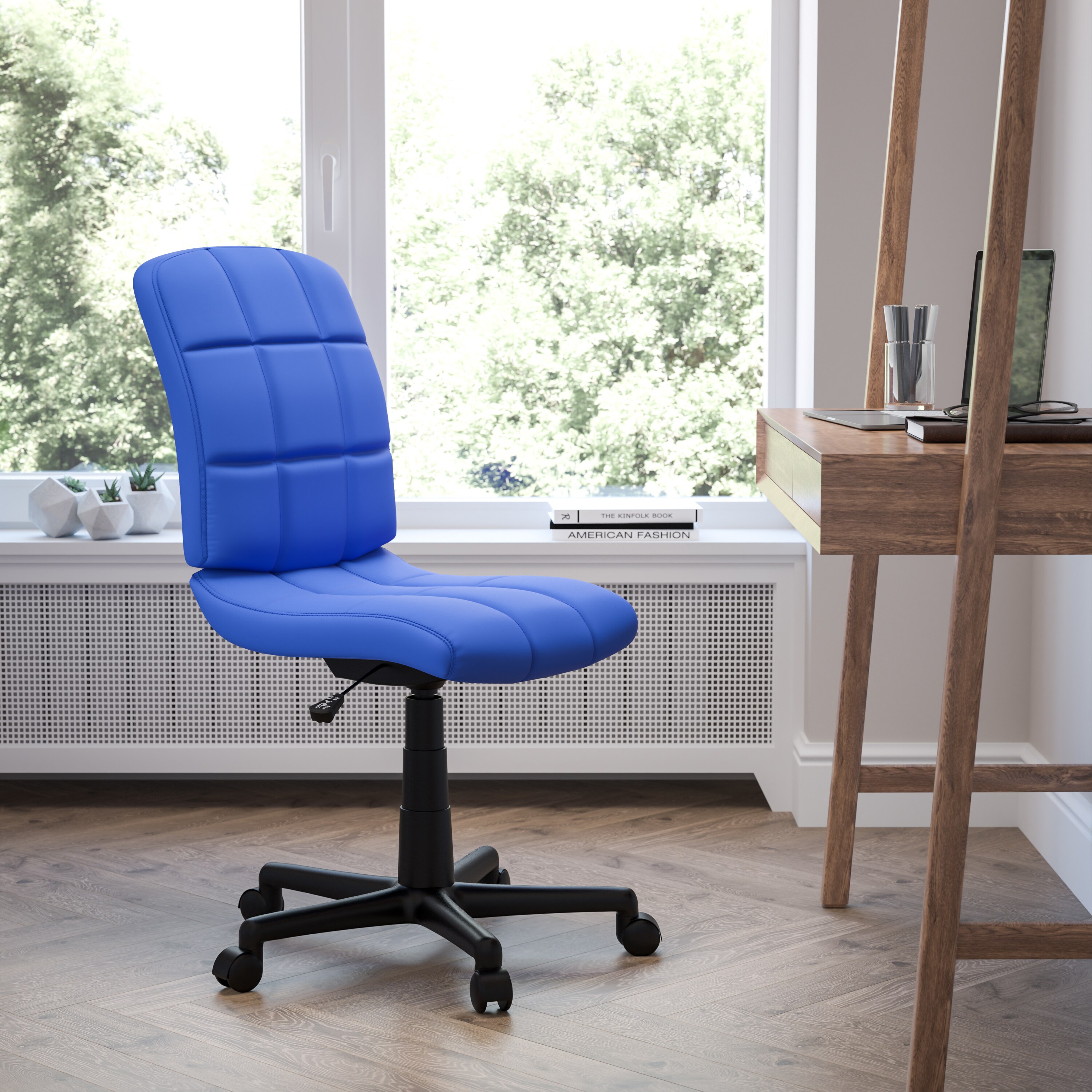 Mid-Back Blue Quilted Vinyl Armless Task Chair