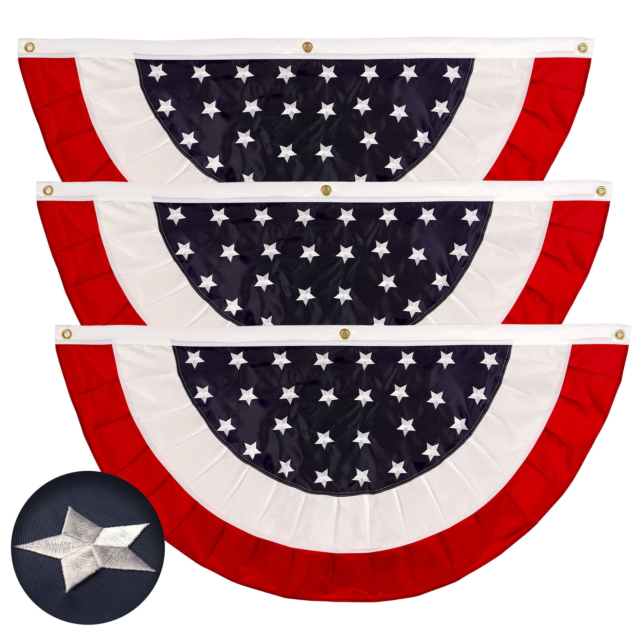 G128 3-Pack 1.5-ft W x 3-ft H USA Pleated Star Center Fan Flag Embroidered