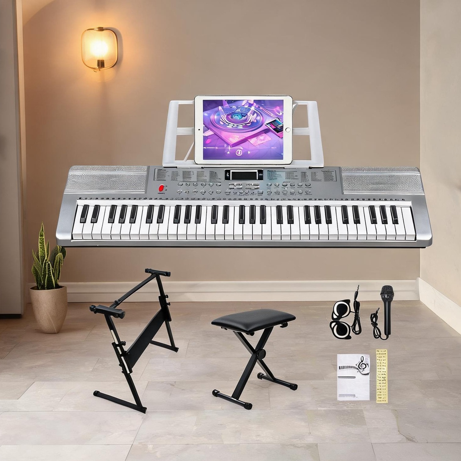 FlowLuxe 61-Key Portable Keyboard with Stand and Bench Silver ABS Construction Headphone Jack 33.46 Wide