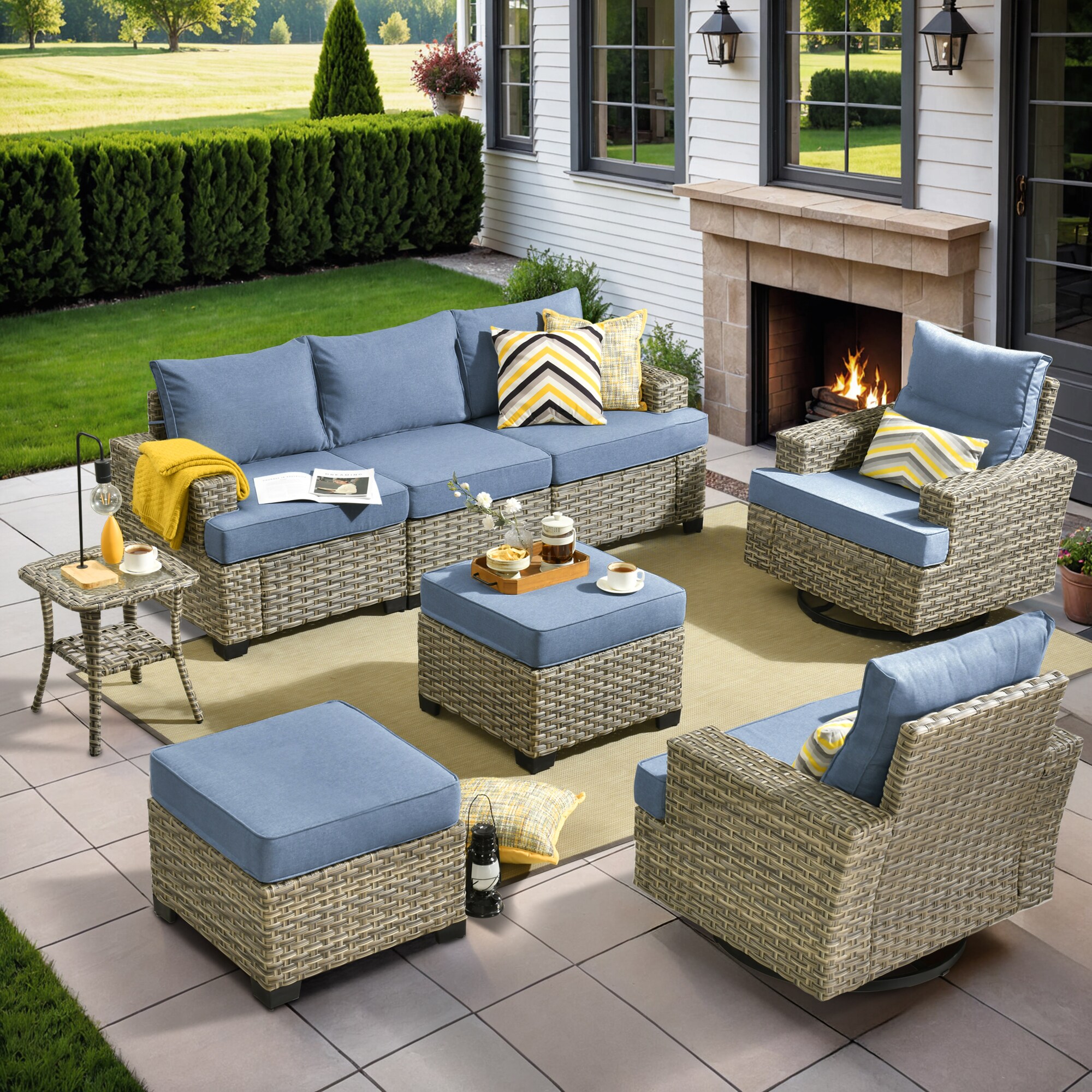 XIZZI XITBS5064-RC3 Agate 6 -Piece Rattan Patio Sofa Conversation Set with Blue Cushions