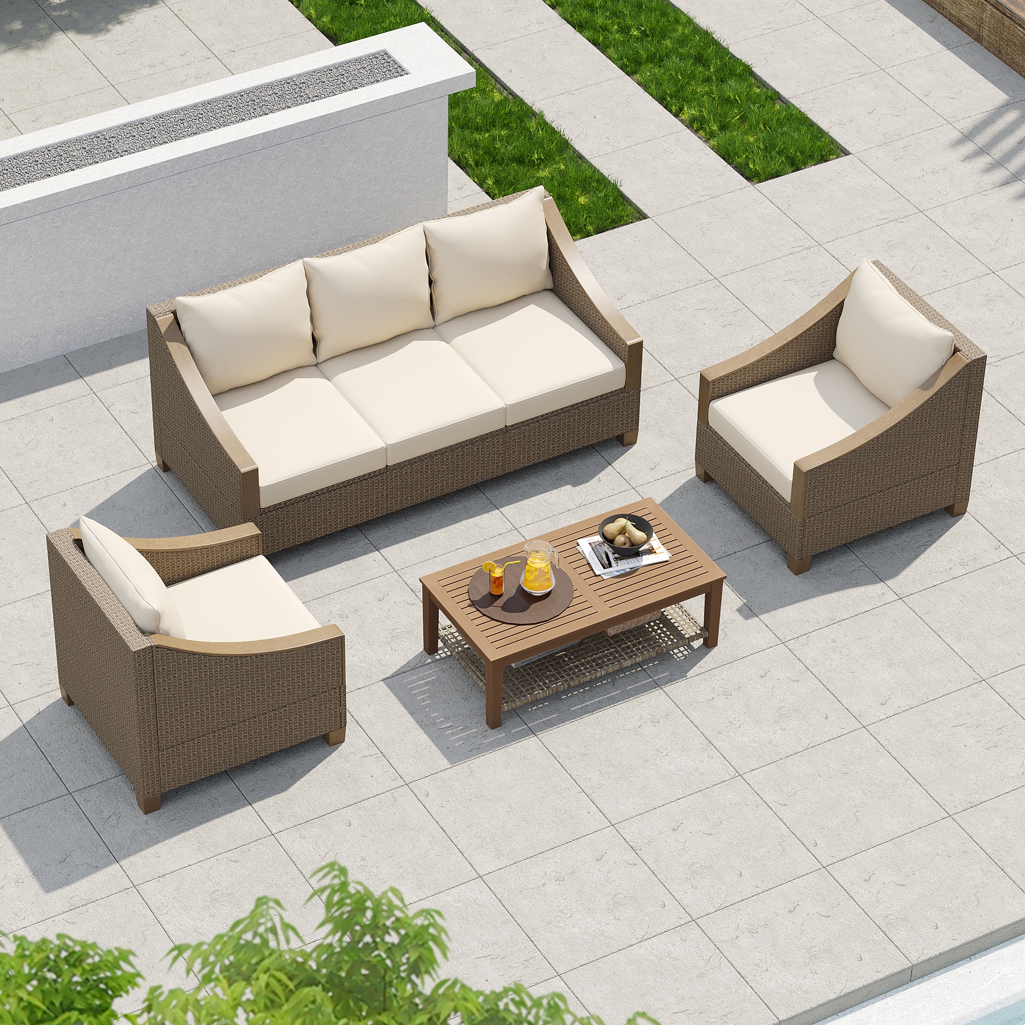 ModernLuxe L-TM000012AAD 4 -Piece Rattan Patio Sofa Conversation Set with Off-white Cushions