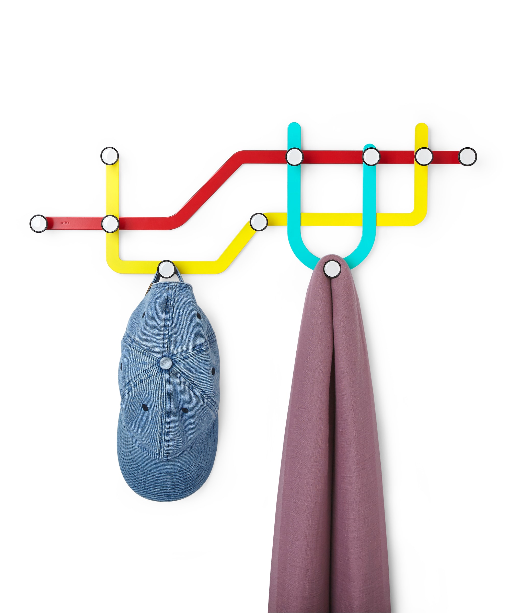 Saga wall hanger, 3 coloured double hooks, length 38 cm