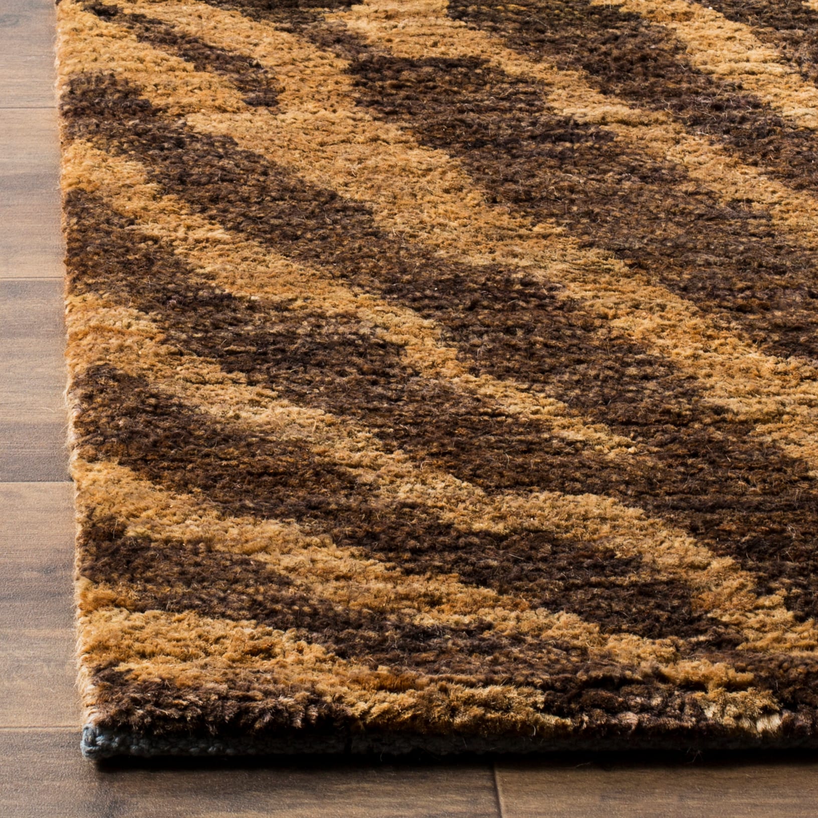 Natural Black Hand-Knotted Wool Tiger Stripes Rug, 5' x 8'