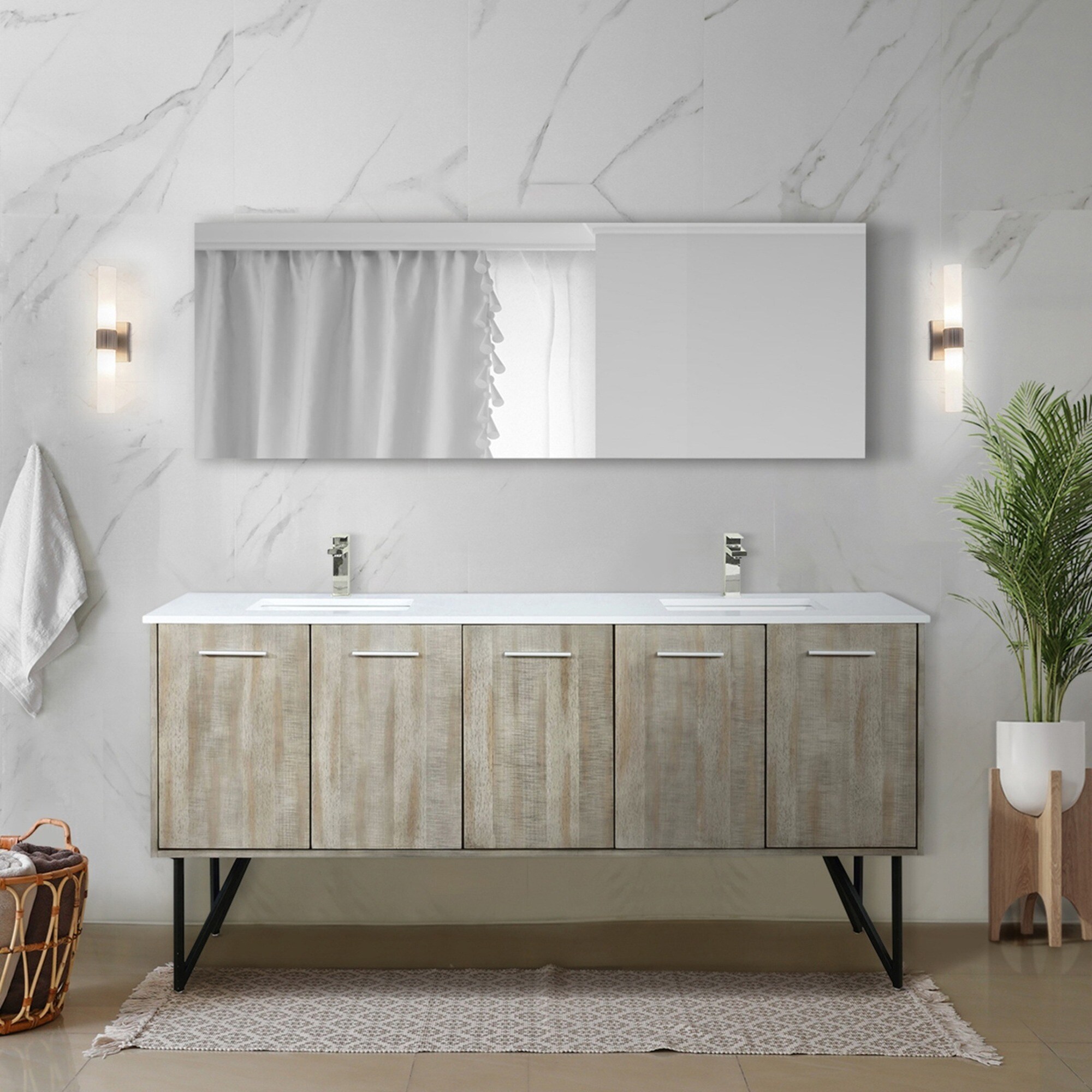 IAK 72 inch x 20 inch Acacia Wood Rustic Double Bathroom Vanity with Cultured Marble Top and Brushed Nickel Faucet Set