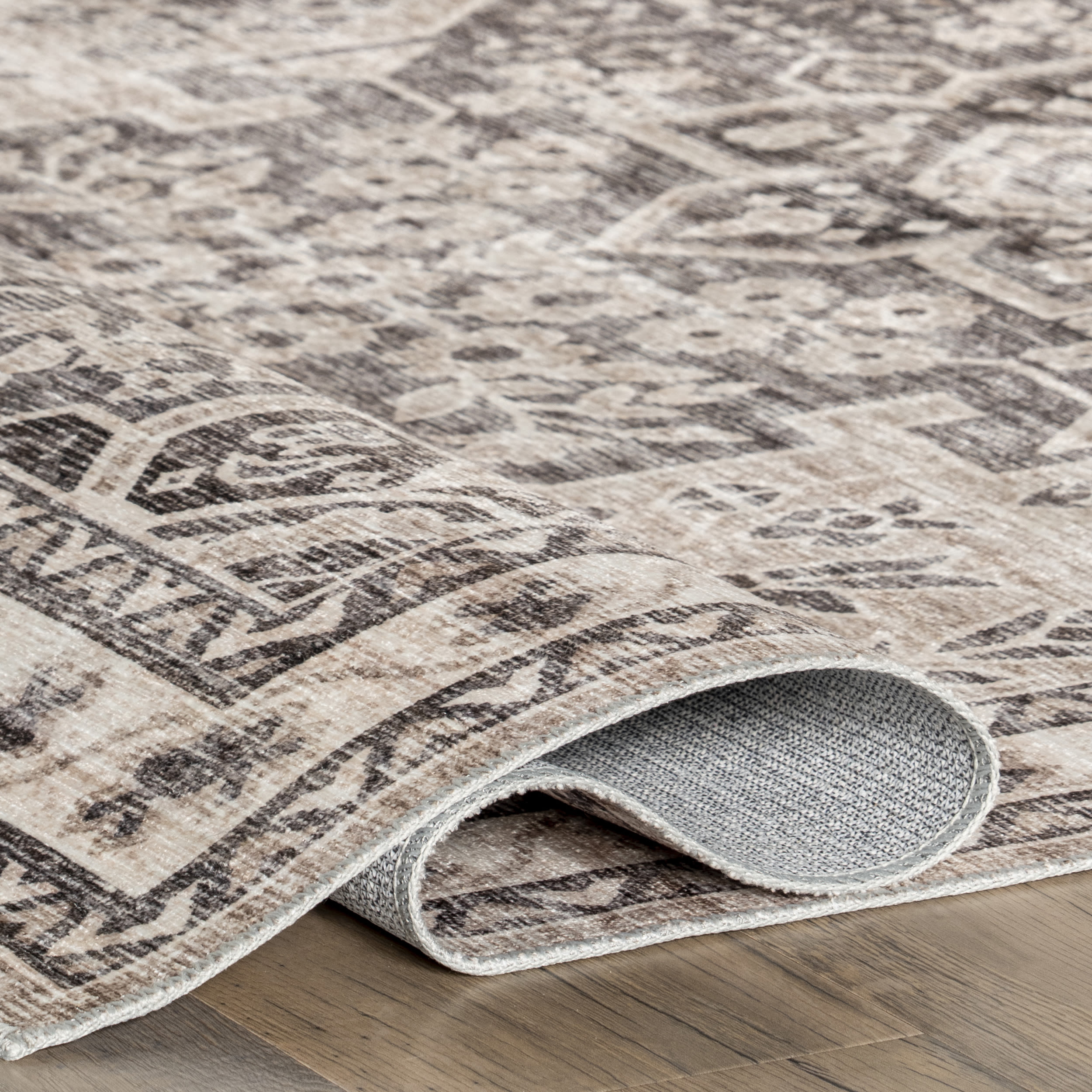 Eira Taupe Medallion Washable Synthetic Area Rug