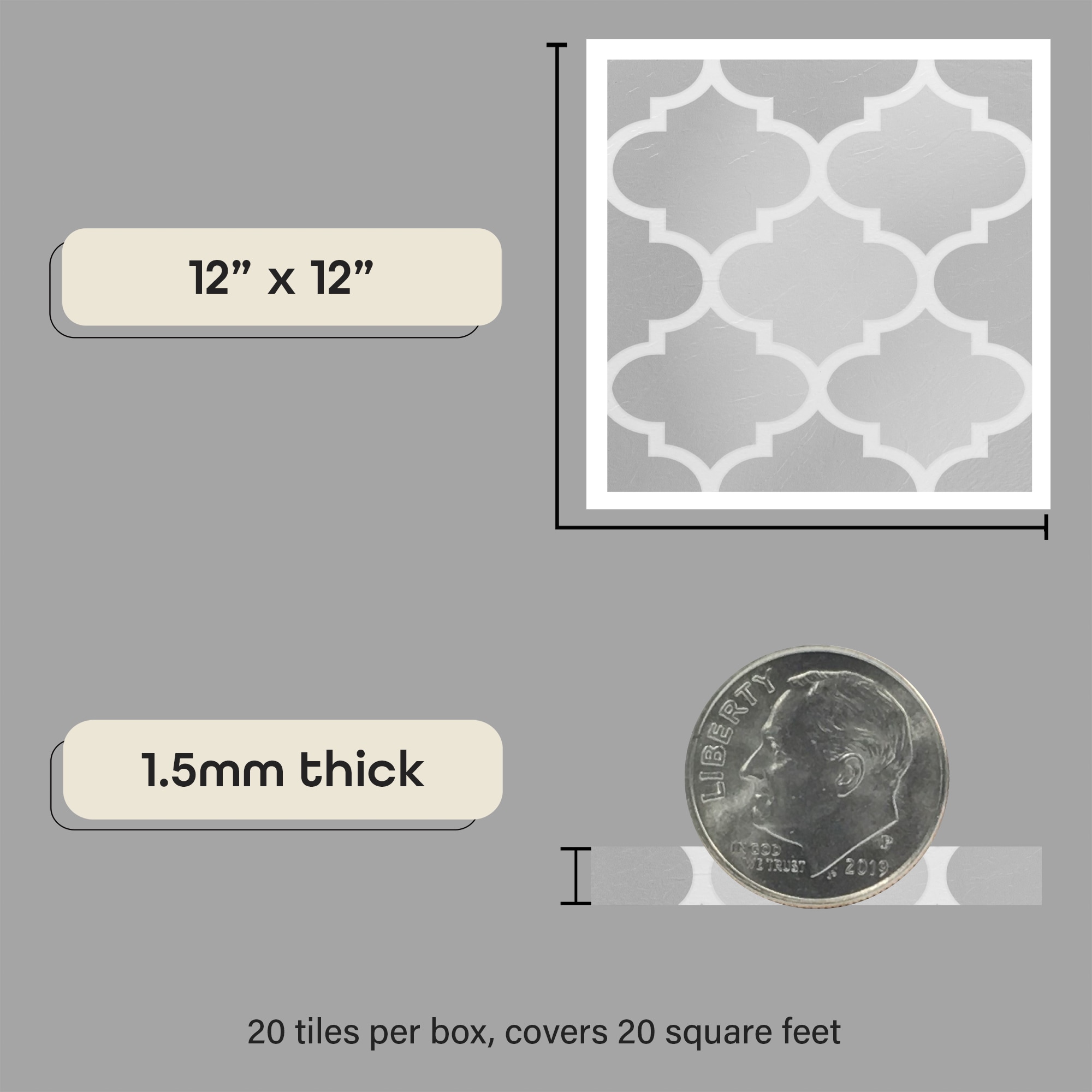 Arabesque Pattern Self-Adhesive Vinyl Floor Tiles, 12" x 12", 20 Tiles