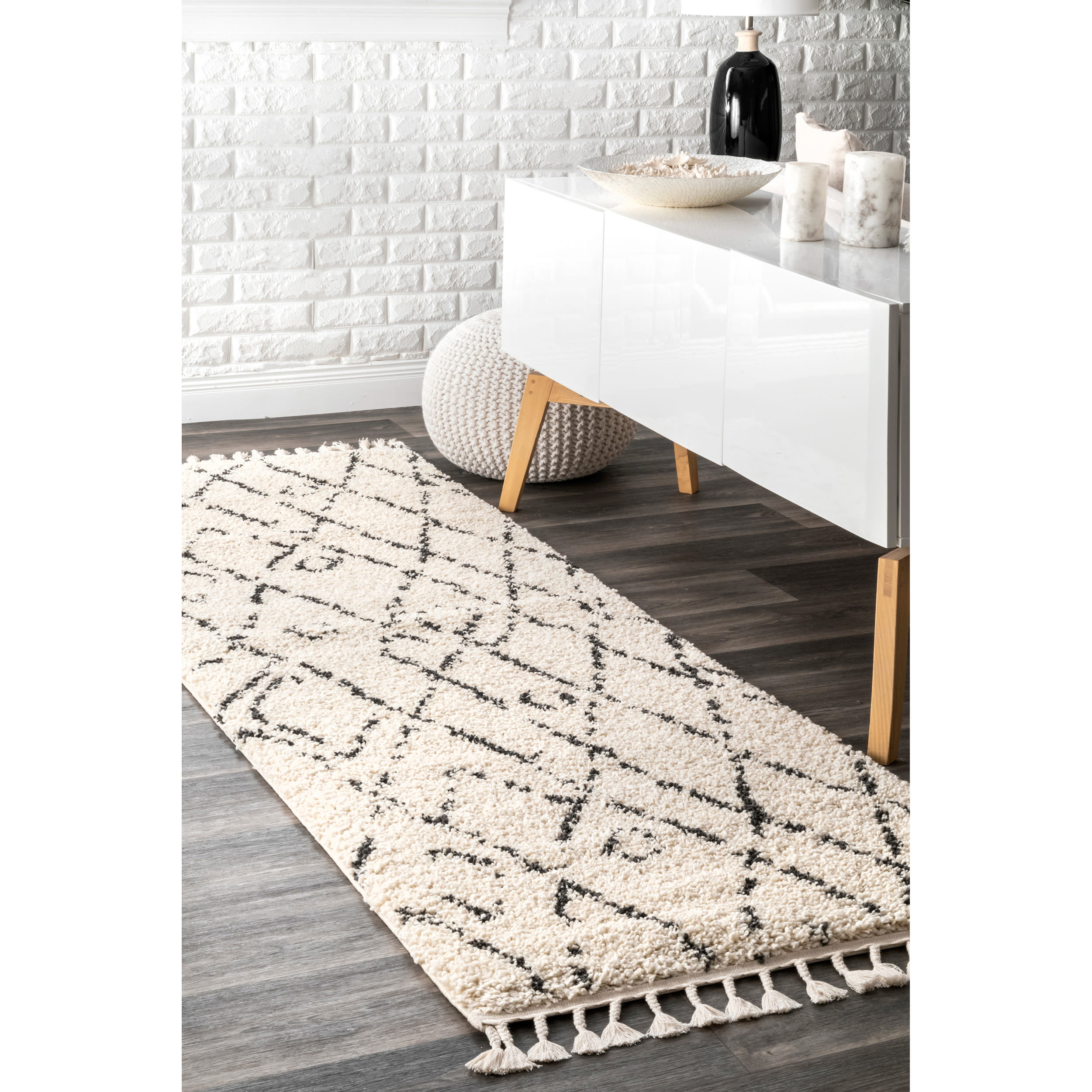 Off-White Geometric Shag Runner Rug, 2' 8" x 8'
