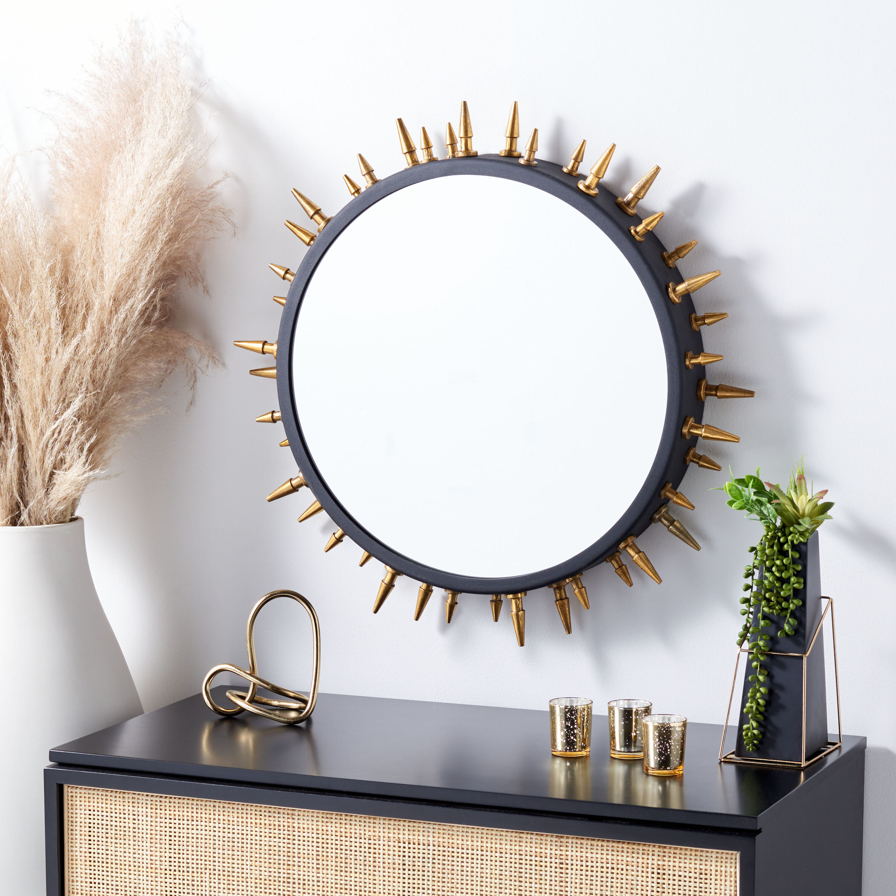 Safavieh MRR3037A Ceinth 26.8-Inches W x 26.8-Inches H Sunburst Black/Gold Framed Wall Mirror