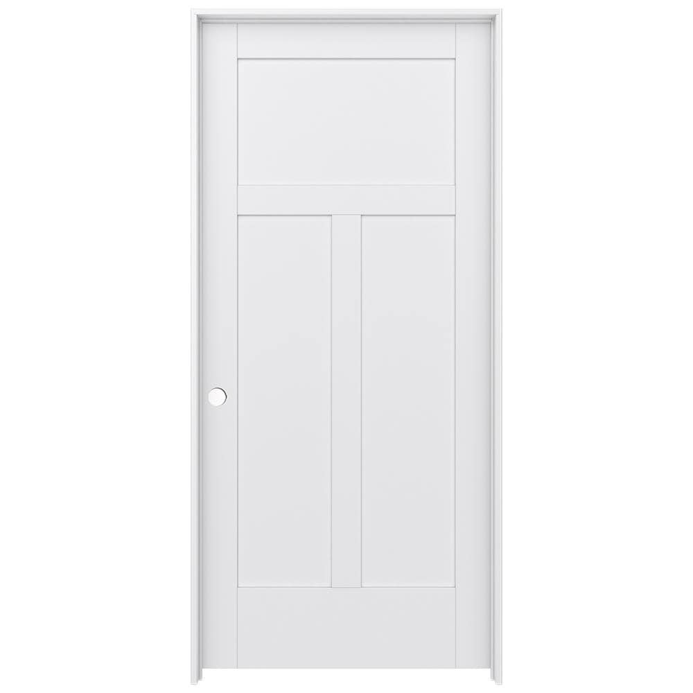 JELD-WEN LOWOLJW221100536 36-in x 80-in Primed Solid core 3-panel craftsman Right hand Smooth Primed MDF Flat Jamb Single Prehung Interior Door