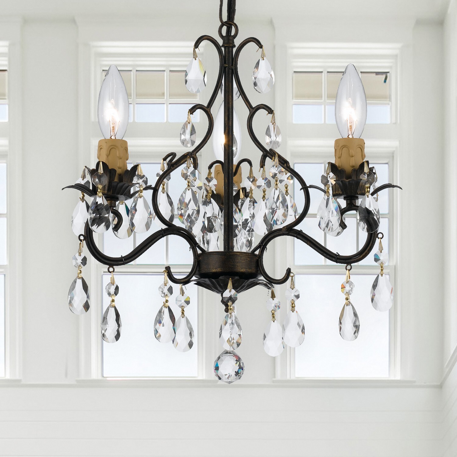 Elegant English Bronze Mini Chandelier with Clear Hand-Cut Crystals