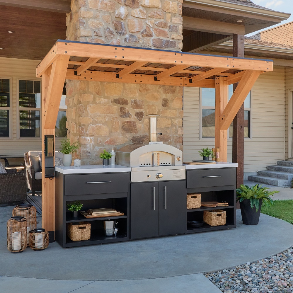 Backyard Discovery Timber Rock Outdoor Pizza Oven Cook Station 52.9-in W Modular Outdoor Kitchen Grill with bar/counter top with 1 -Burners Gas Grill/Pizza Oven/Pellet Grill, Powder-coated steel