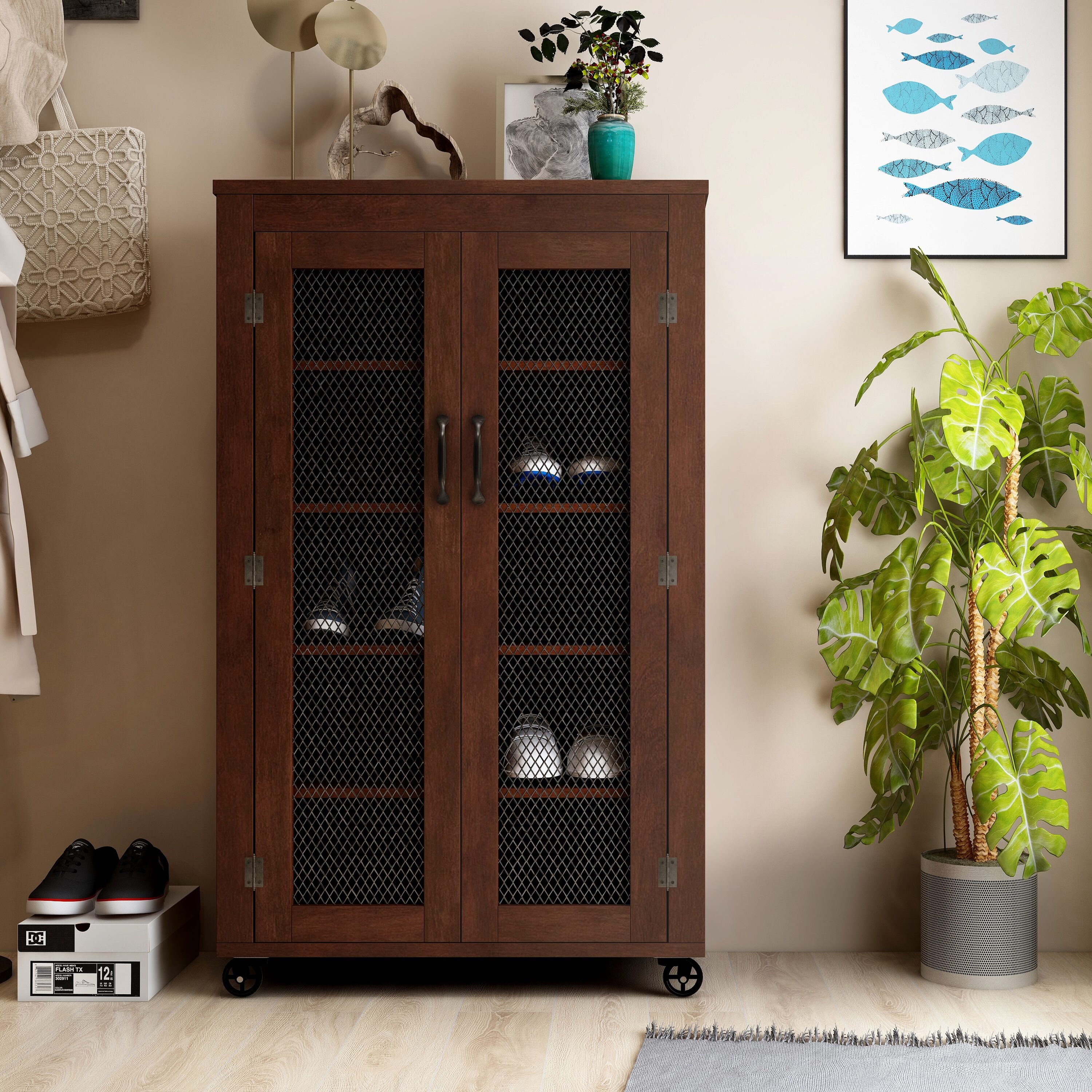 Furniture of America YNJ-1472C6 52.2-in H 5 Tier 10 pair Vintage walnut Wood Shoe cabinet
