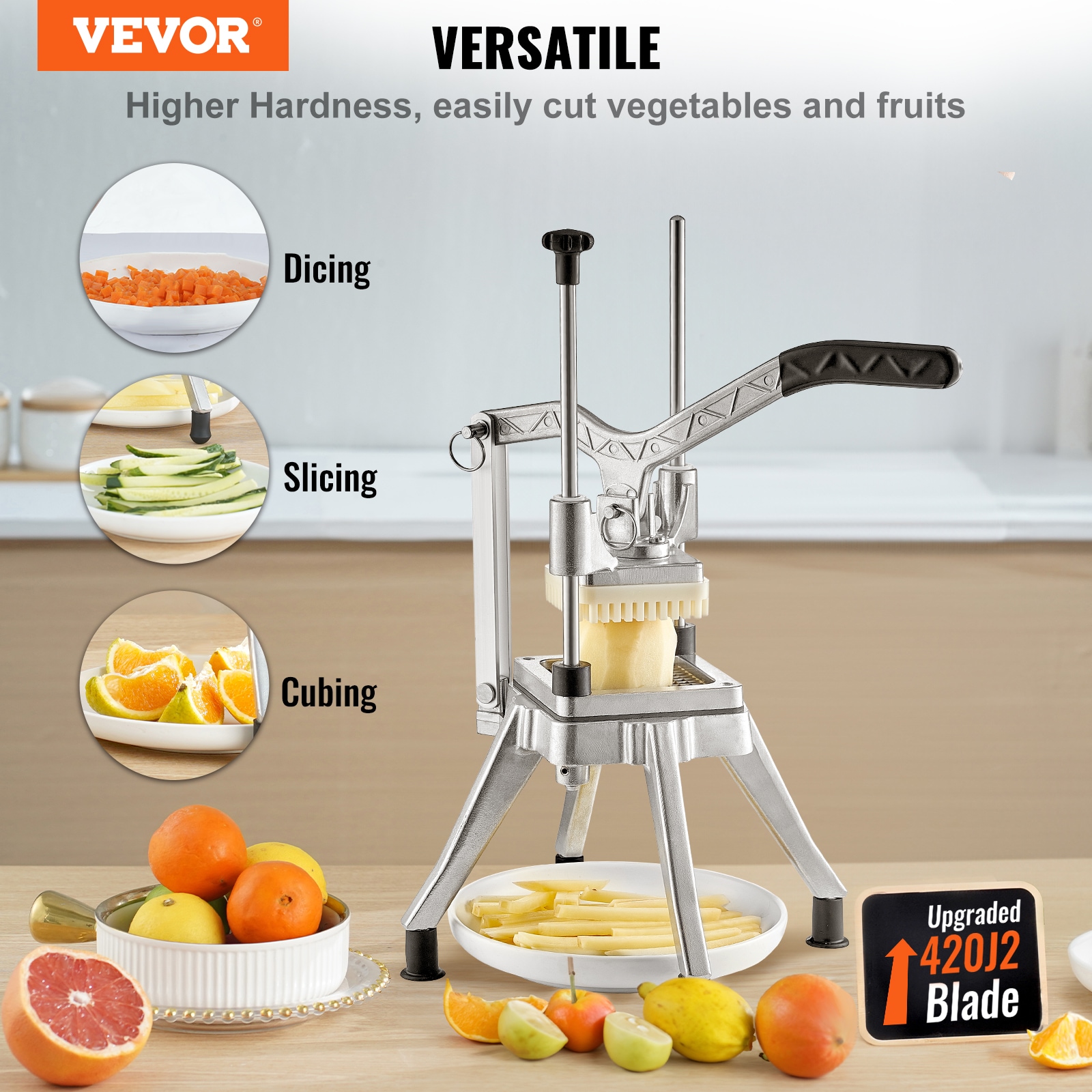 VEVOR Commercial French Fry Cutter with 4 Replacement Blades, 1/4 and 3/8  Blade Easy Dicer Chopper, 6-wedge Slicer and 6-wedge Apple Corer, Lemon