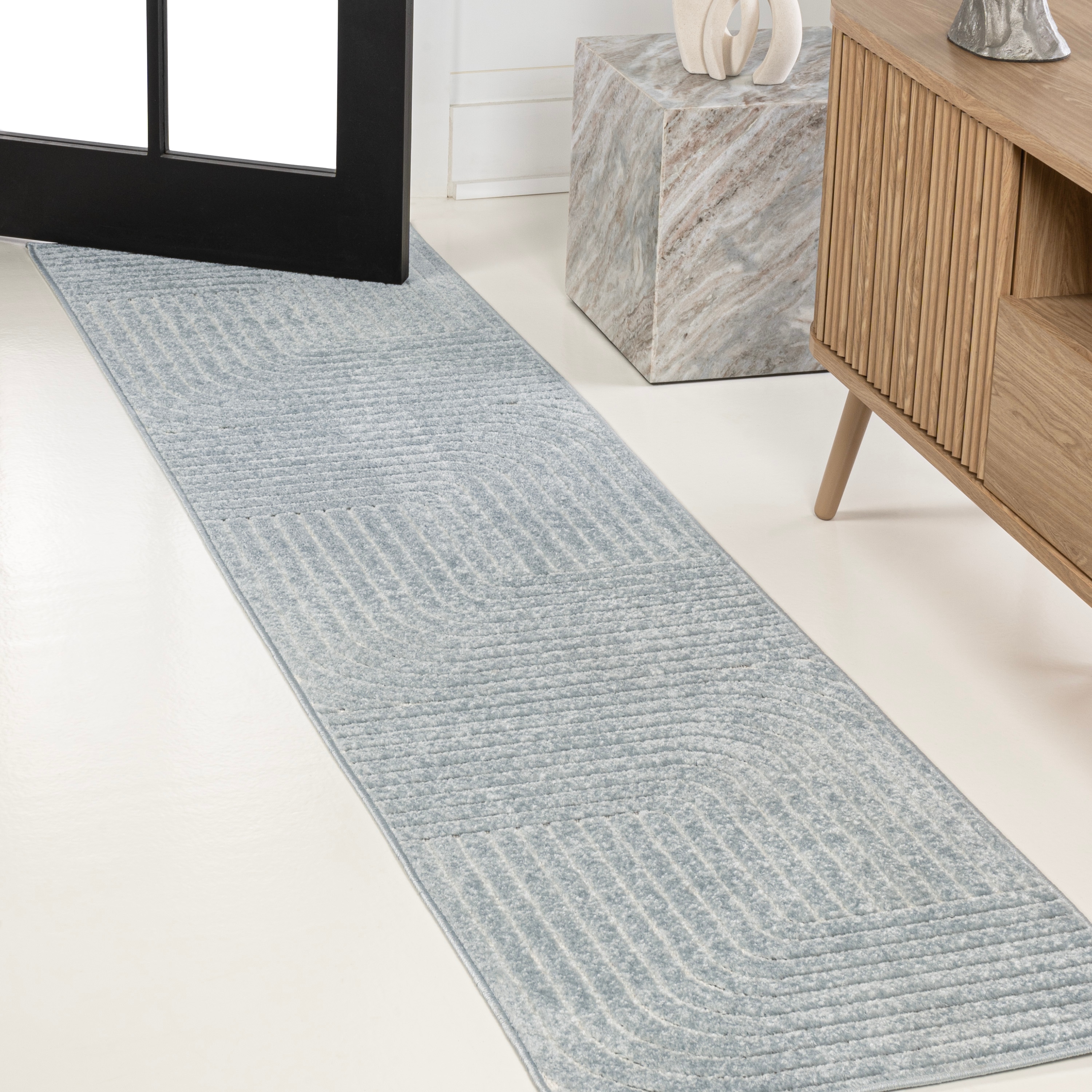 JONATHAN  Y SCN101F-28 SCANDINAVIAN Odense High-Low Minimalist Angle 2 x 8 (ft) Loomed Polypropylene Light Blue/Cream Rectangular Indoor/Outdoor Geometric Bohemian/Eclectic Runner rug