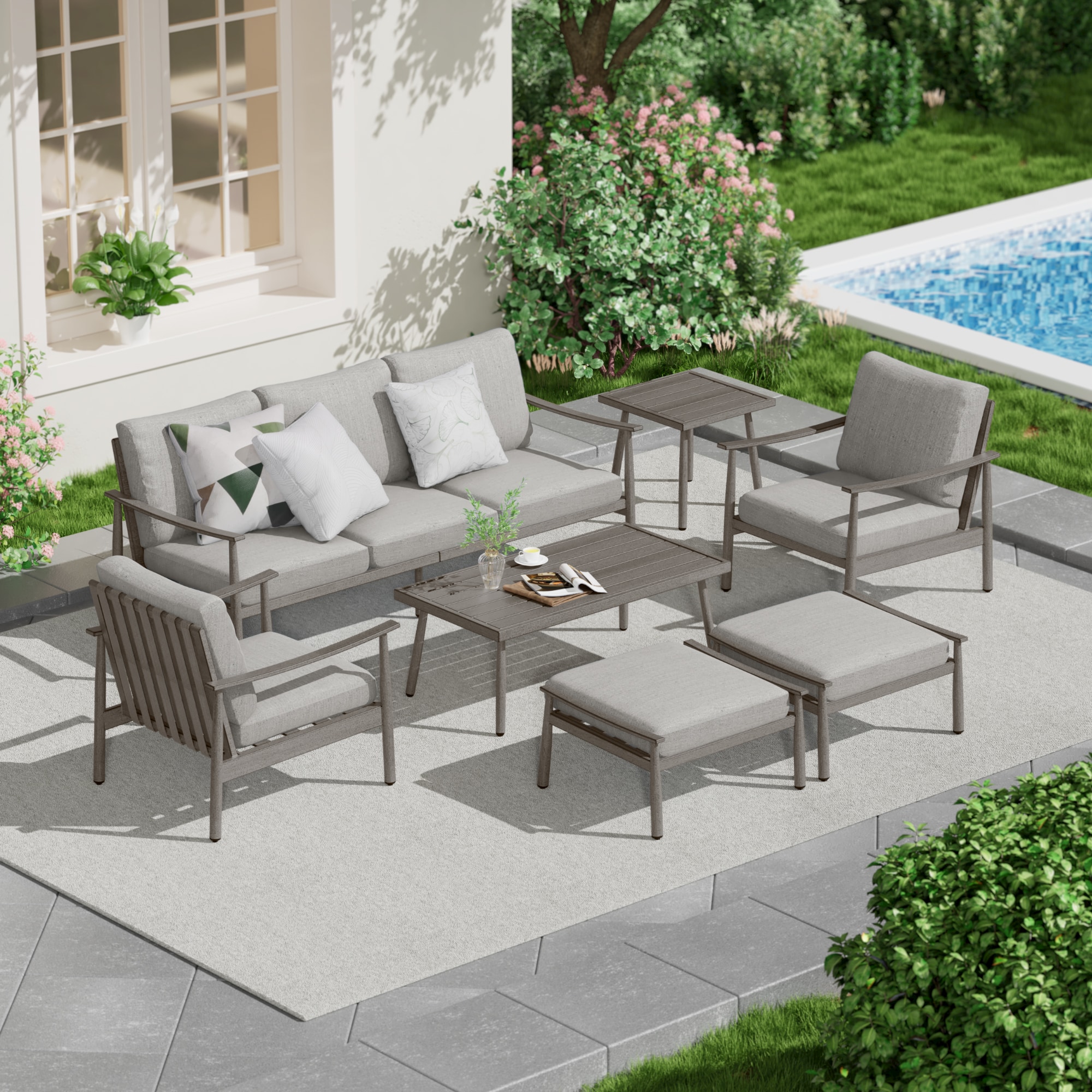  CP-SF7-GG-B1-WL2 7 -Piece Patio Sofa Conversation Set with Gray Cushions