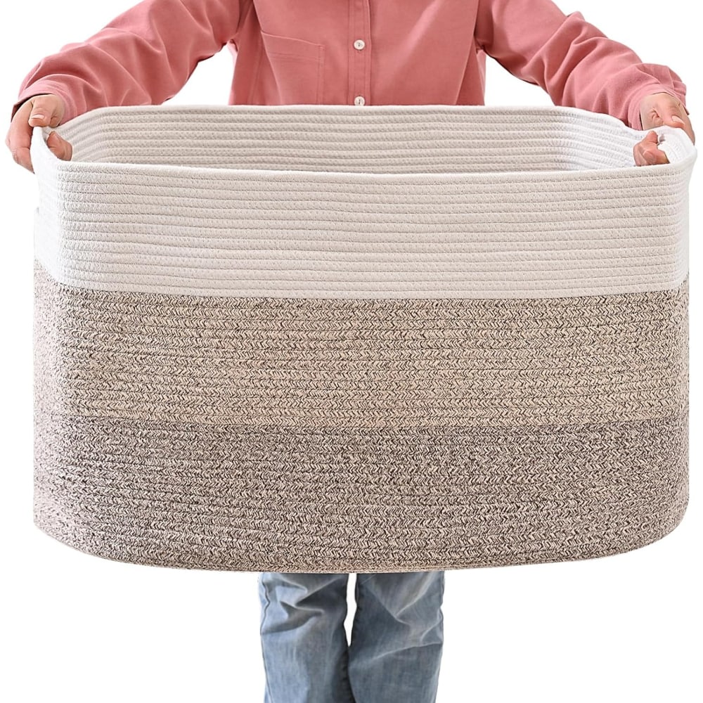 Baginizer  Extra Large Cotton Rope Storage Basket 105L 25x16x16 Inch Gradient Brown Rectangle Woven Bin for Blankets Toys Clothes Living Room