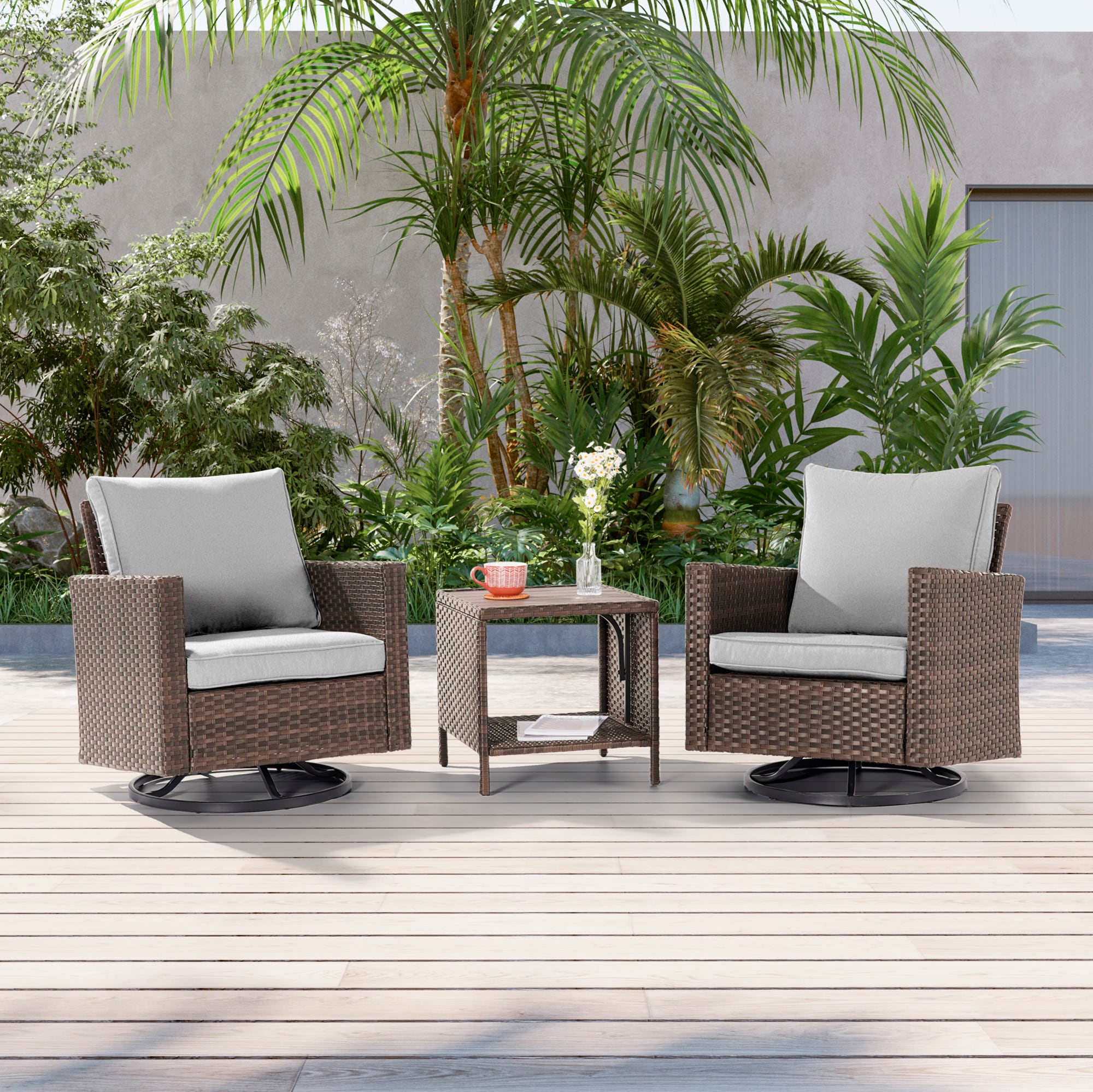 Sonkuki SD-PS2R-BLY-T3 Patio Conversation Set 3 -Piece Wicker Patio Conversation Set with Gray Cushions