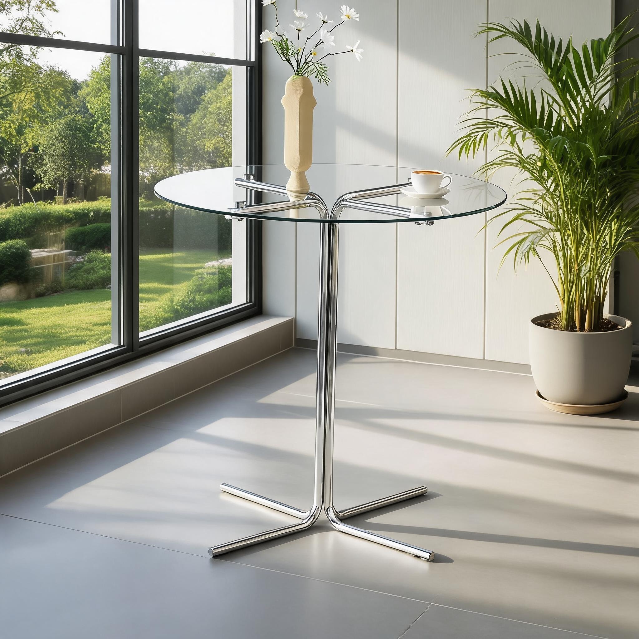 Watnature 2-Seat 36 Inch Contemporary Counter Height Round Bar Table Tempered Glass Top with Polished Silver Base #ARDRWLIN8QDD