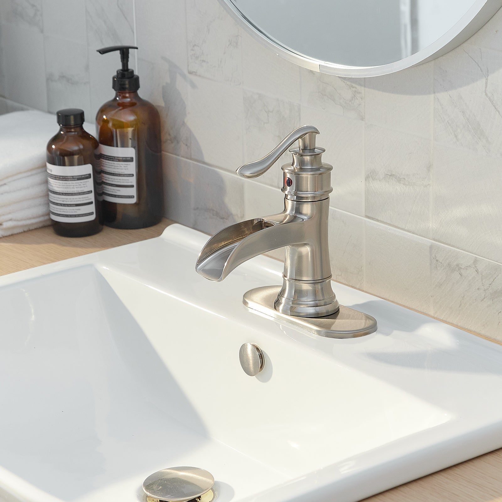 Boyel Living BWE-A-96556N-2 Waterfall Single Hole Single-Handle Low-Arc Bathroom Faucet with Pop-up Drain Assembly in Brushed Nickel