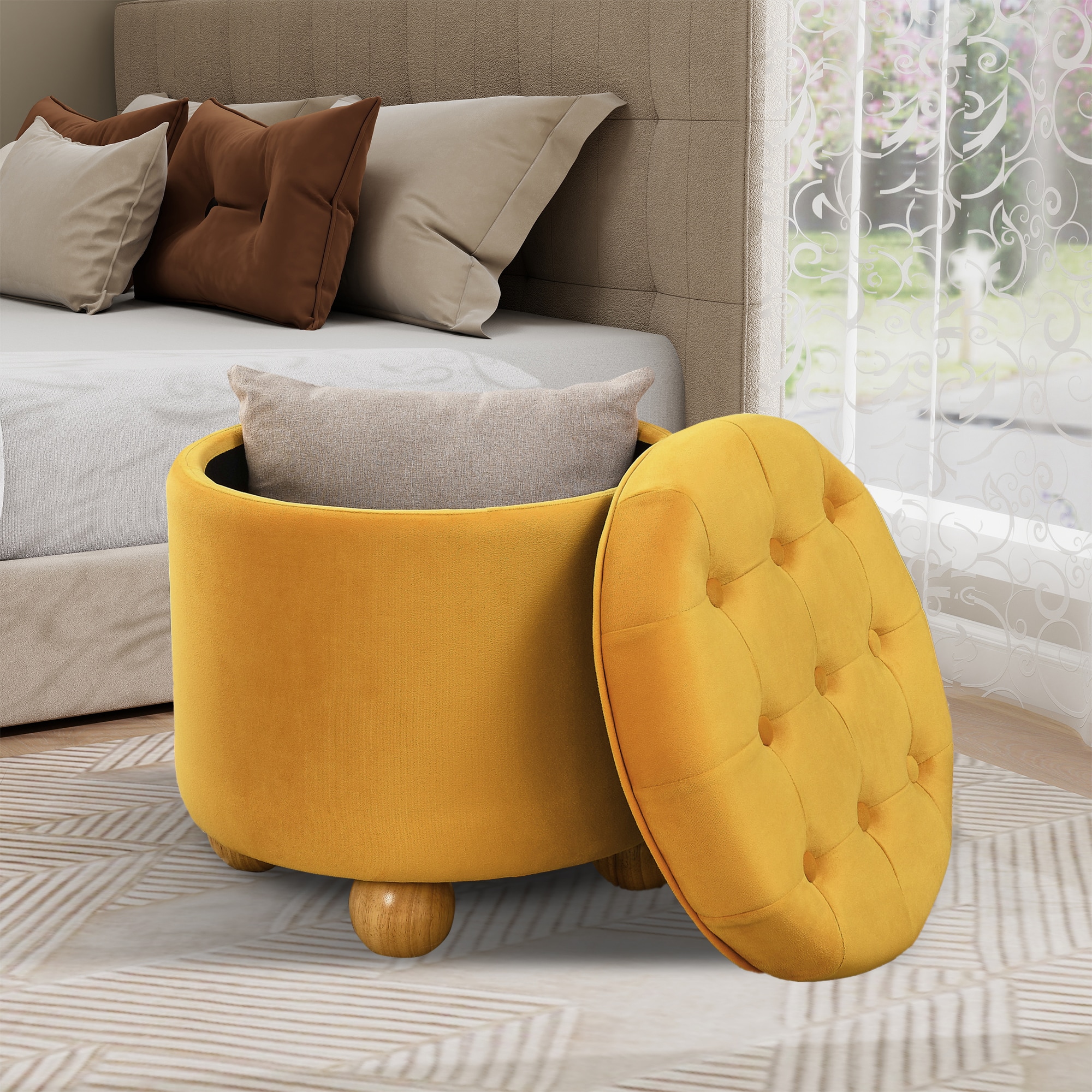 Hrinhom HC-D4117-DARK YELLOW Modern DARK YELLOW Flannel Round Storage Ottoman