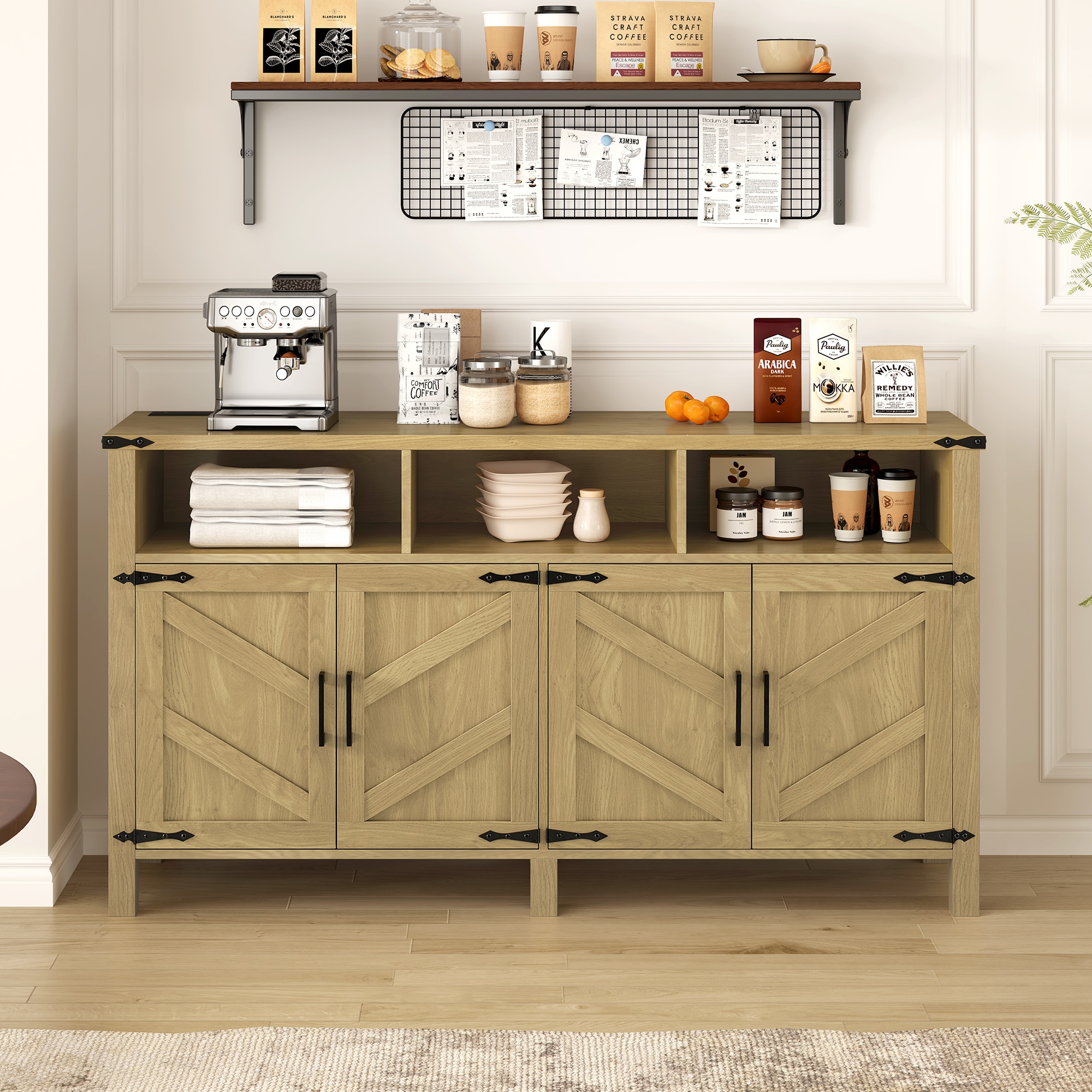 Vynxaria 59-in W x 32.2-in H x 15.5-in D Natural Wood Buffet Sideboard Cabinet with Power Outlet and Adjustable Shelves