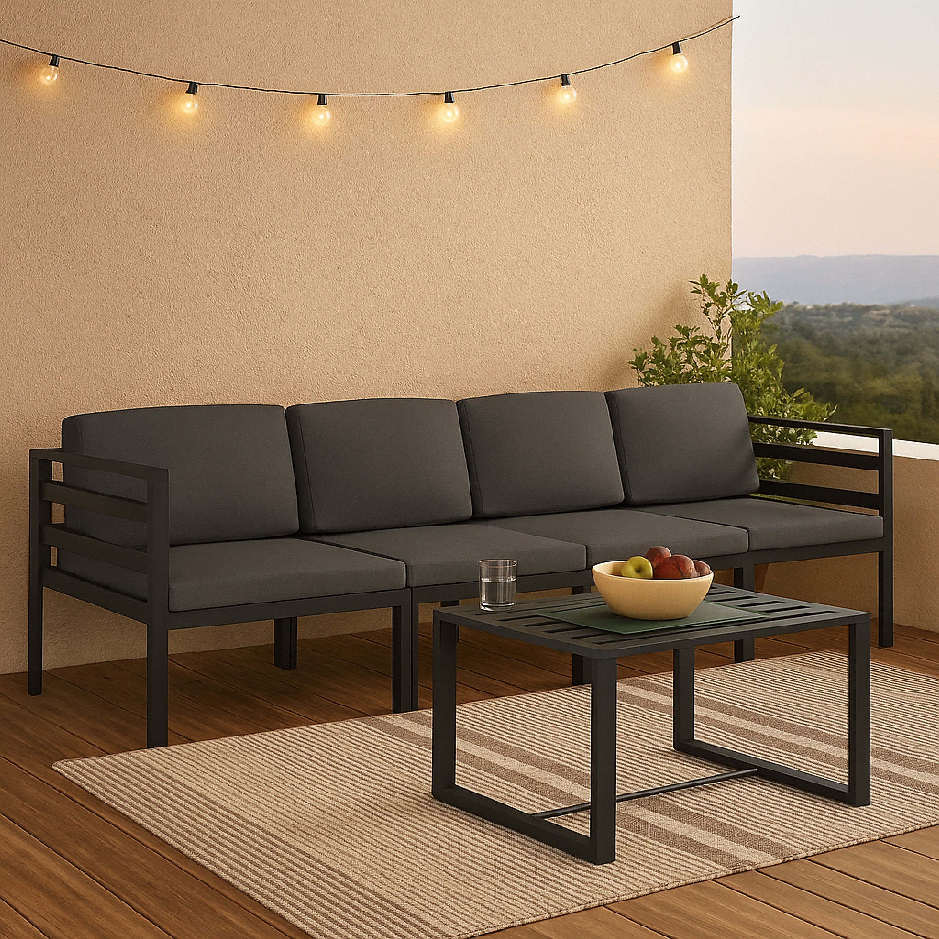 Benzara - Shina Black 5-Piece Aluminum Outdoor Sectional Set with Black Cushions