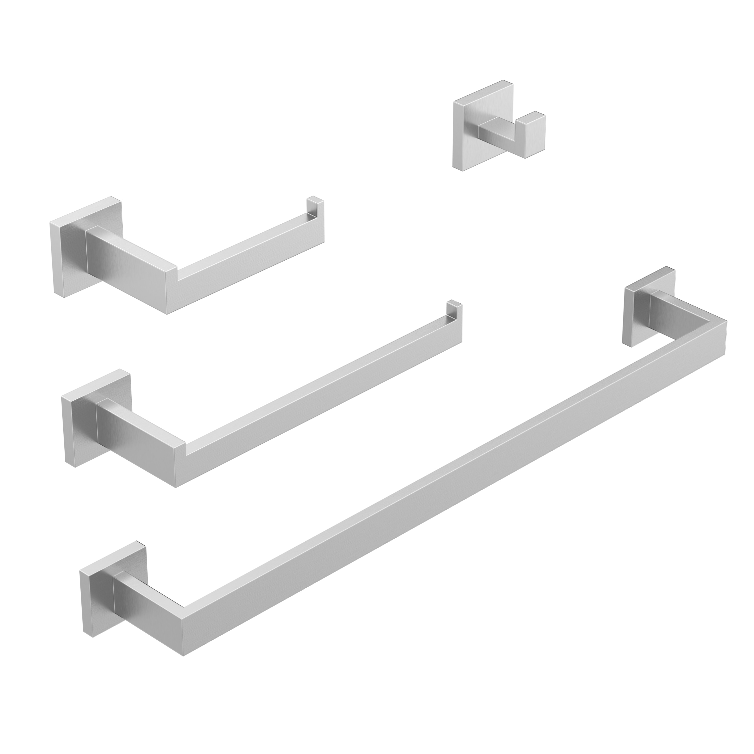 Velusian 4 Pcs Bathroom Hardware Set Decorative Square Towel Bar Toilet Paper Holder Robe Hook Brushed Nickel