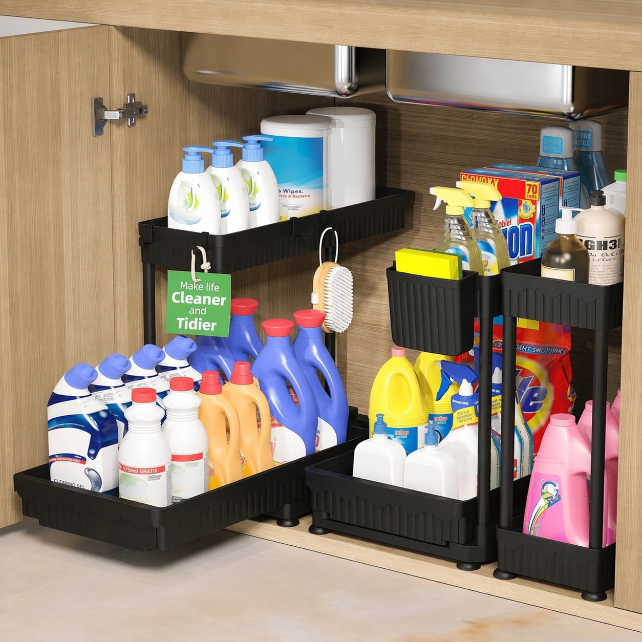 Yichuhaoxi  3 pack under sink organizer L shaped pull out cabinet storage with hooks and hanging cup for kitchen or bathroom black easy install