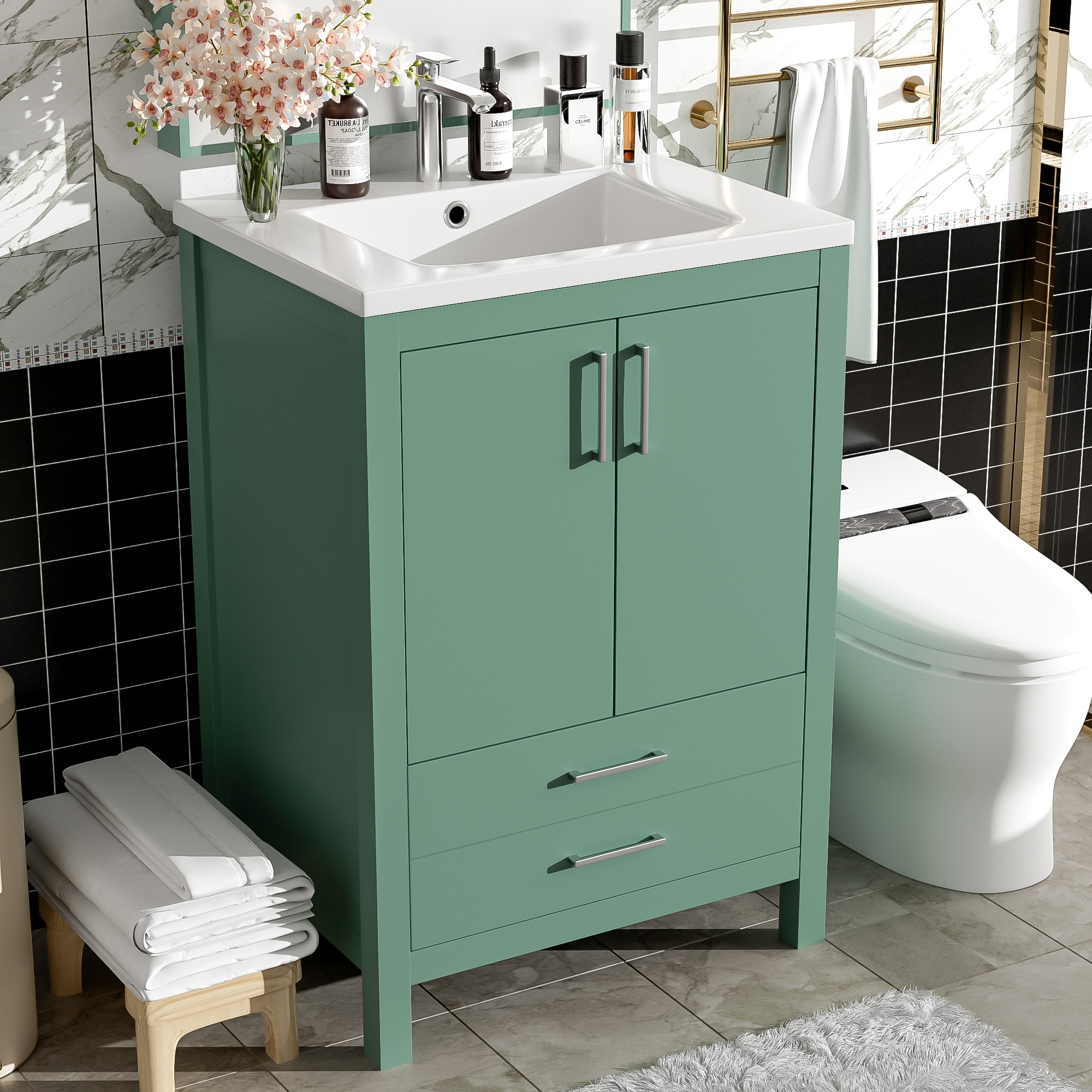 LOVMOR SF-M-N710P228364F 24Inch Bathroom Vanity with Ceramic Sink Combo Modern Freestanding Storae Cabinet with Silver Handles  Soft Closing Doors