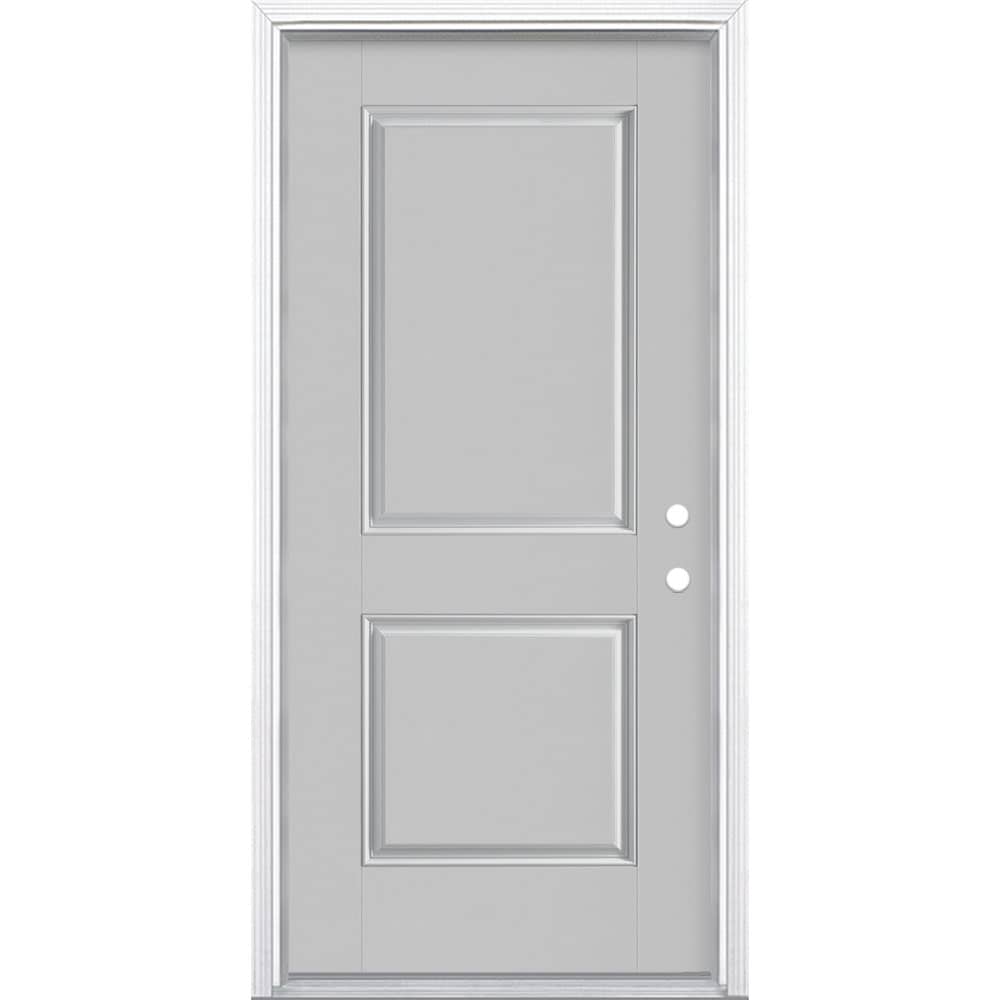 Masonite 1218163 36-in x 80-in x 4-9/16-in Fiberglass No glass Left-hand inswing Infinity Gray Painted Prehung Front Door with Brickmould Insulating core