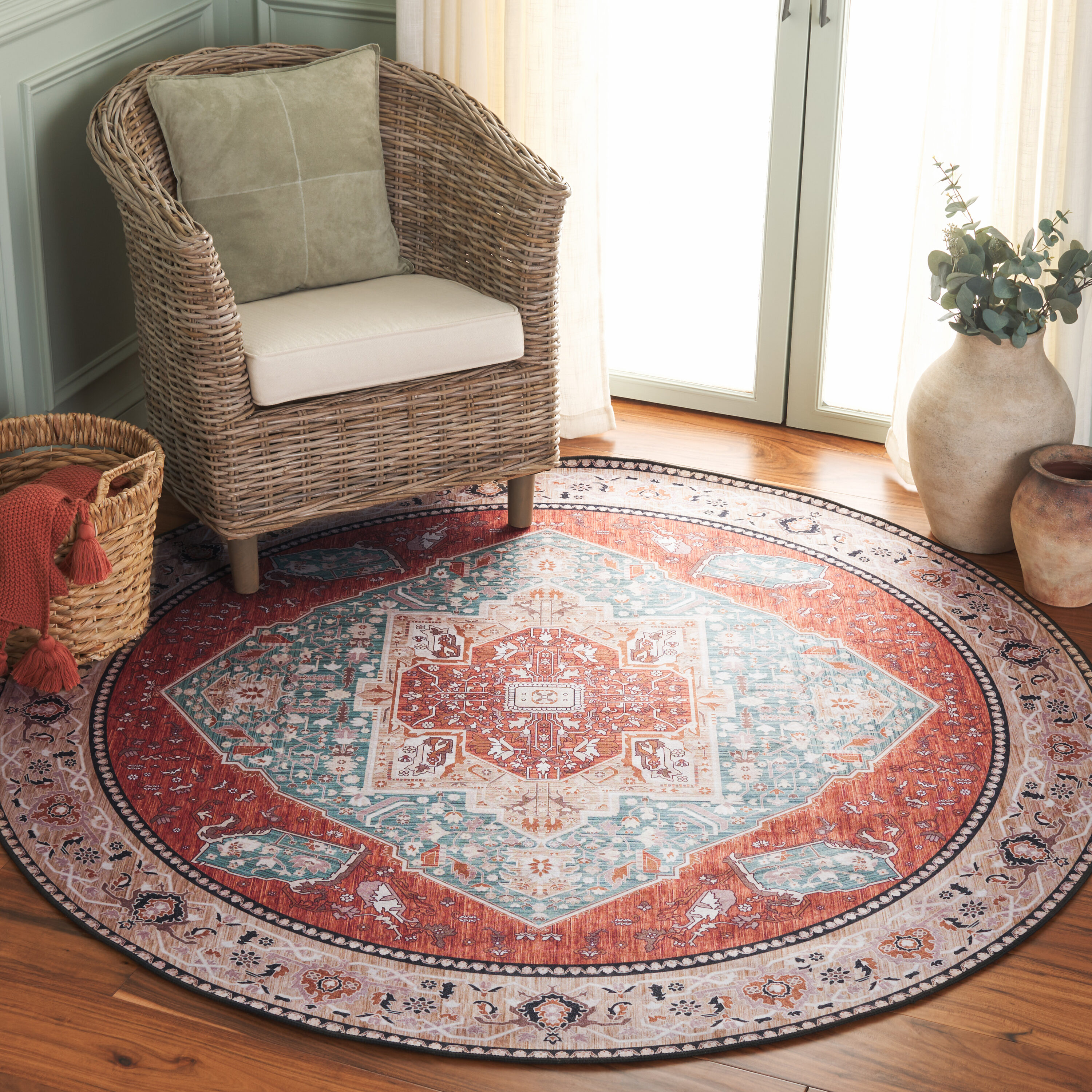Tucson Vintage Persian 150J Aqua Rust Machine Washable/Slip Resistant 6ft x 6ft Traditional Rug