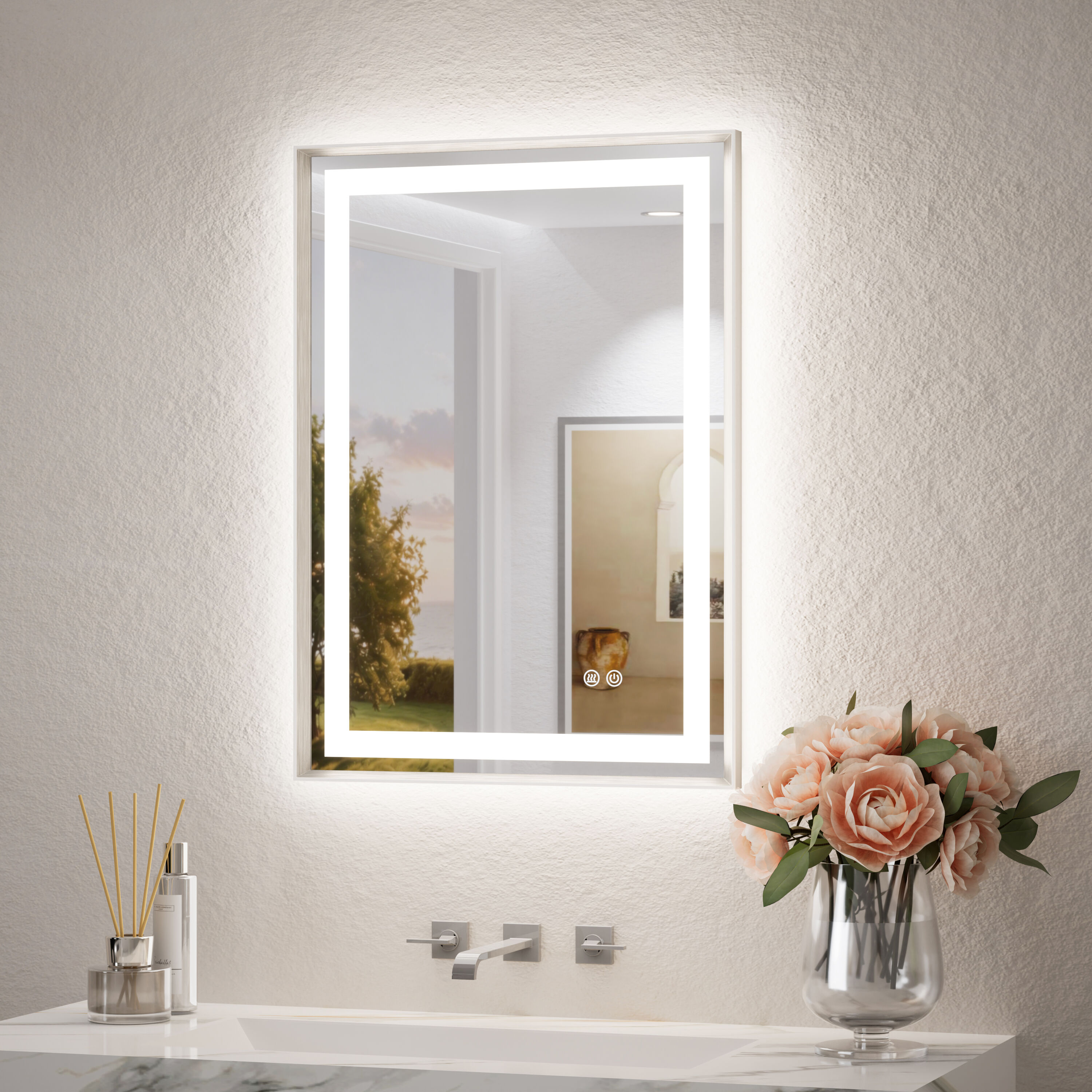 TETOTE  22x30 Inch Brushed Nickel Beveled Framed Rectangle Dimmable LED Lighted Fog Free Bathroom Vanity Mirror