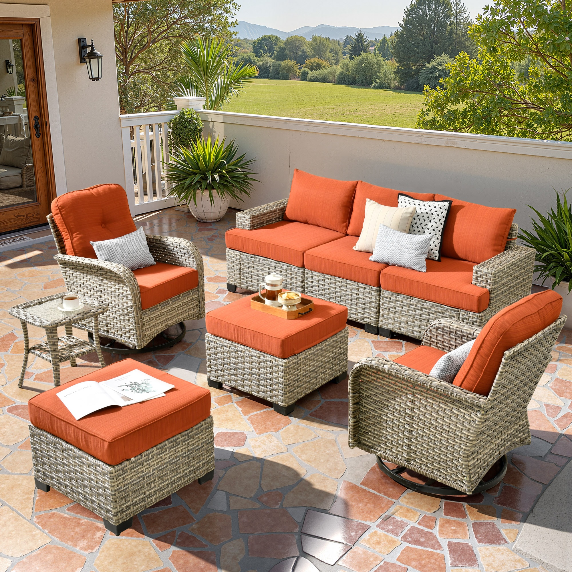 ALTRIGUS 6L-VYZTBS808-AL 8 -Piece Wicker Patio Sofa Conversation Set with Orange Cushions
