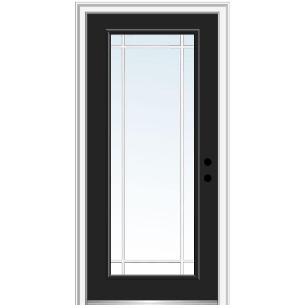 MMI DOOR ZZ361863L 32-in x 80-in x 6-9/16-in Fiberglass Full lite Left-hand inswing Black Painted Prehung Front Door with Brickmould Insulating core with Grilles