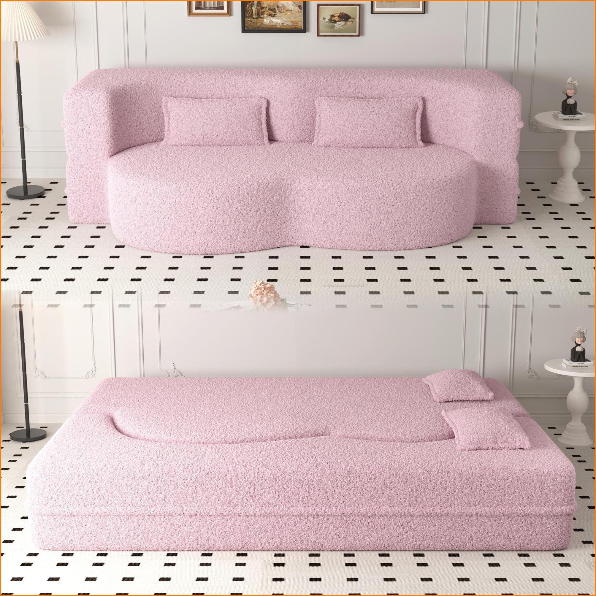 Watnature Sofas Modern Convertible Teddy Fabric Foam Sleeper Sofa with 2 Pillows Pink for Living Room Guest Bed  Pink  Foam
