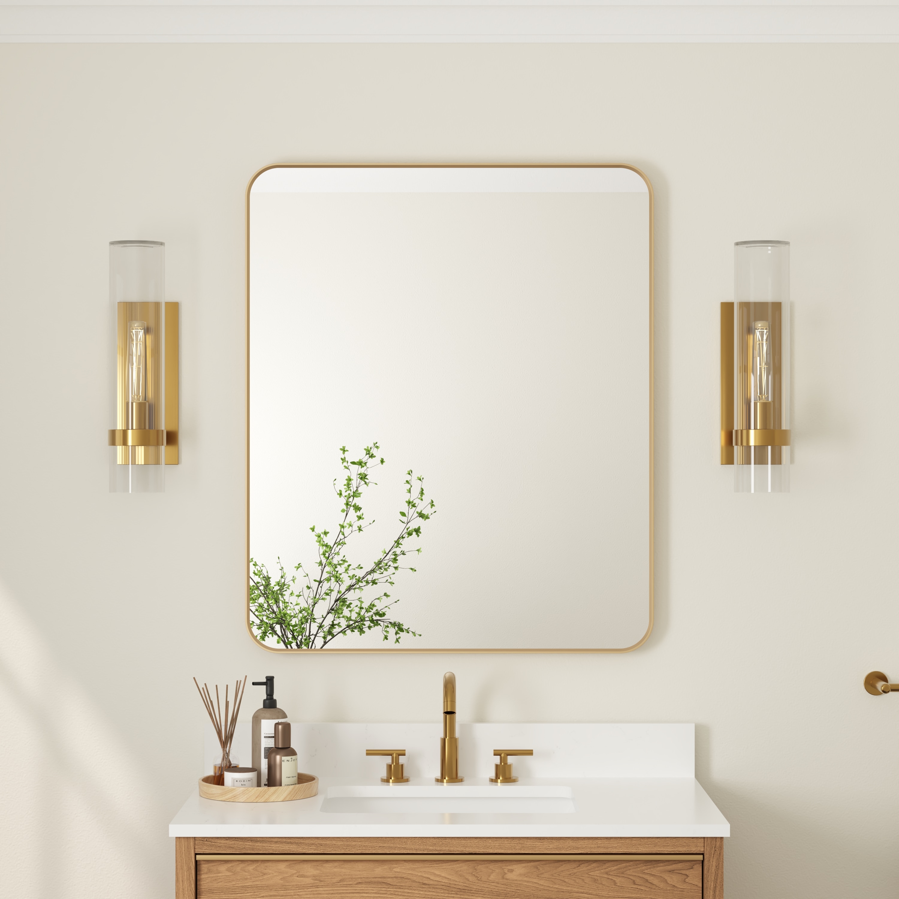 Forclover QNM-M0224L 30-in x 36-in Framed Rectangle Bathroom Vanity Mirror ( Brushed Gold )