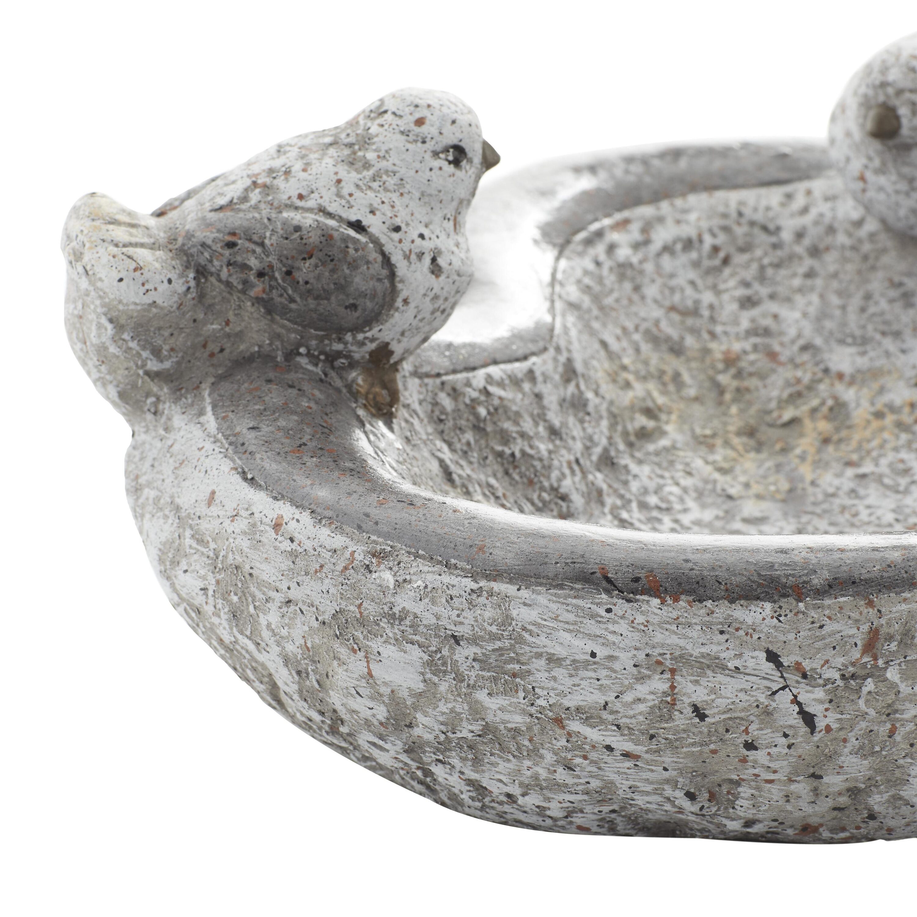 Gray Polystone Bird Garden Sculpture with Bath Bowl