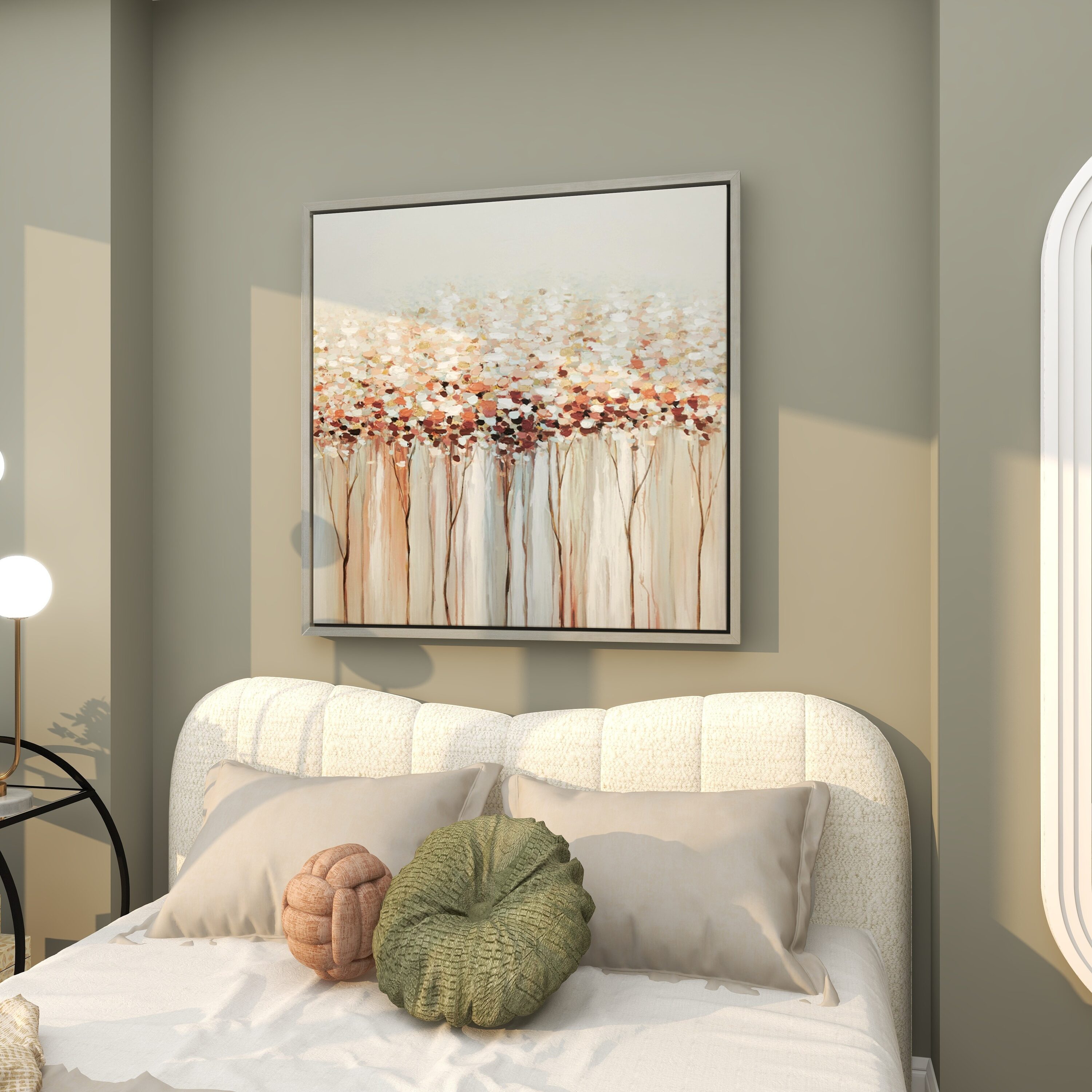 White and Beige Abstract Tree Framed Canvas Wall Art
