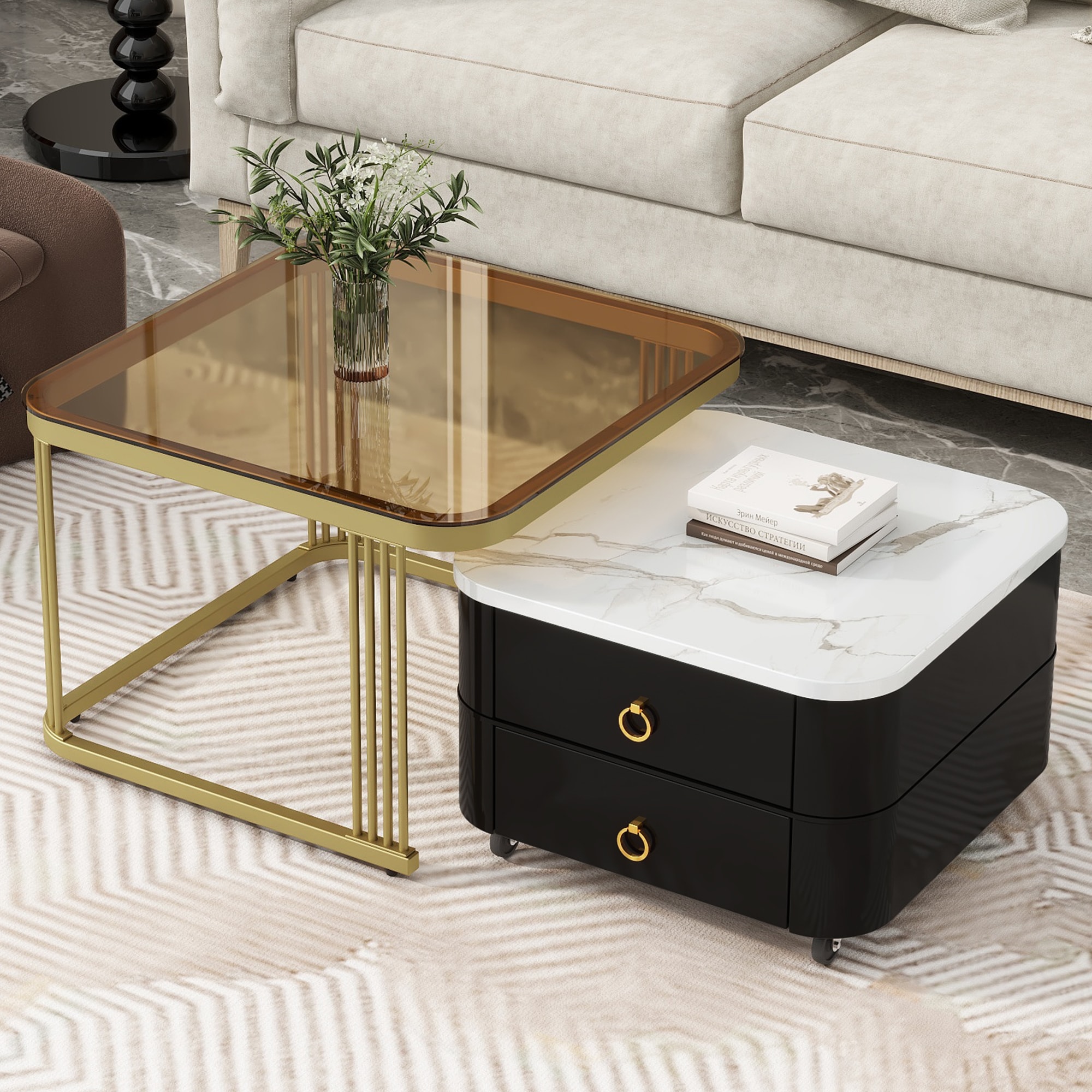 ModernLuxe WF324359AAB 2in1 Square Nesting Coffee Table with Wheels  Drawers Stackable Side Table with High Gloss Marble Grain Top End Table Set with Brown Tempered Glass for Living Room Black