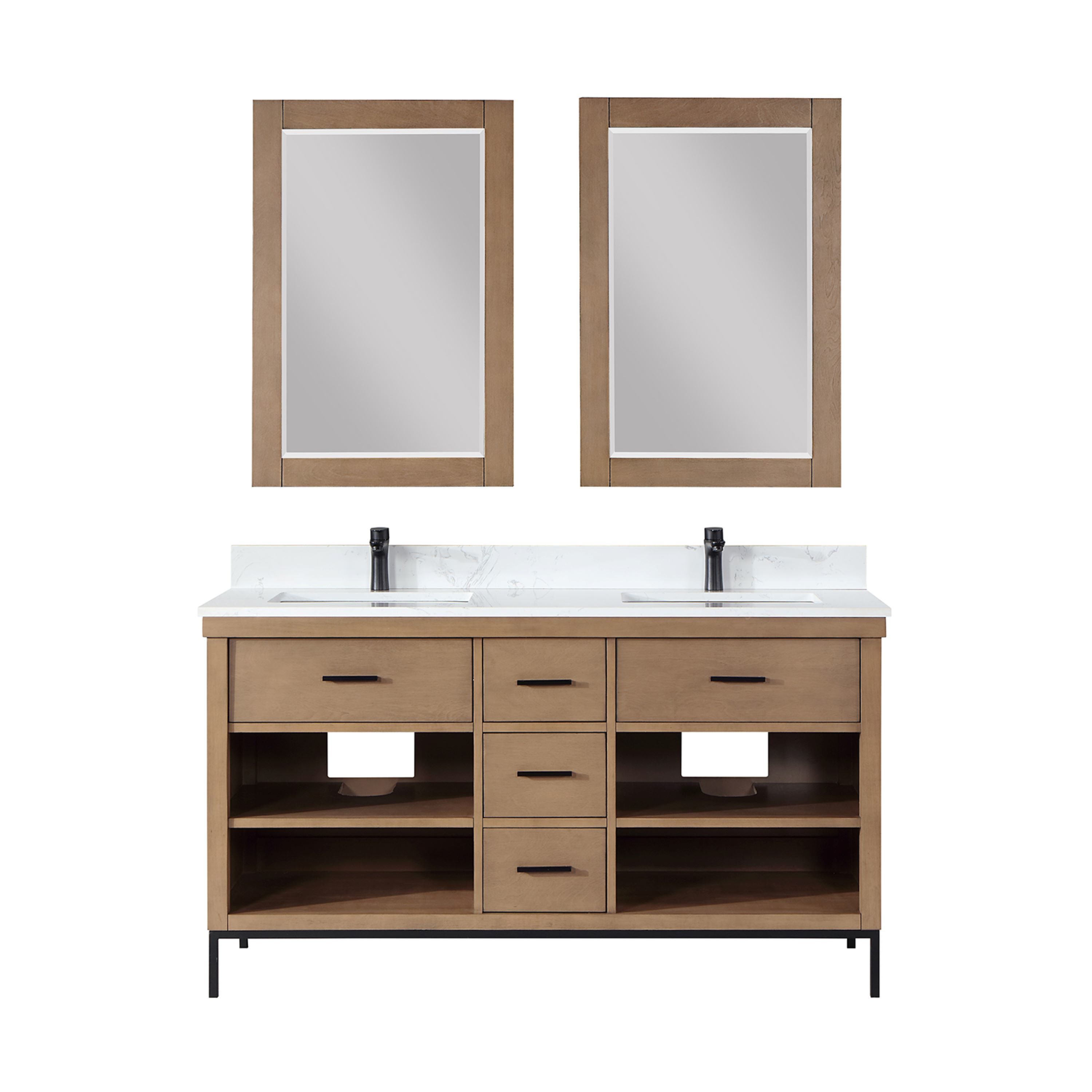 Altair 545060-BR-AW Kesia 60-in Brown Pine Undermount Double Sink Bathroom Vanity with Aosta White Engineered Marble Top (Mirror Included)