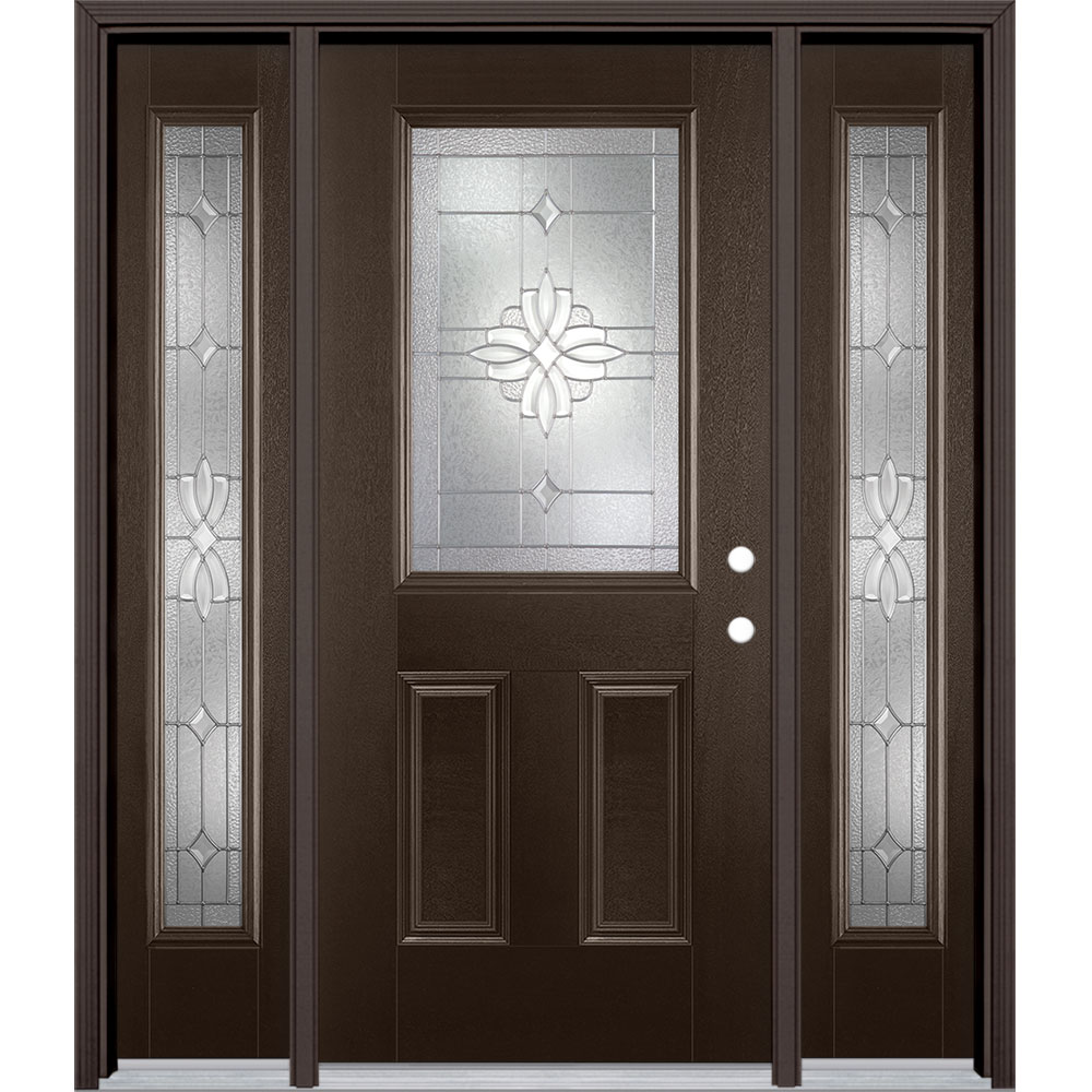 Masonite 2626229 Laurel 64-in x 80-in Wood Half Lite Left-Hand Inswing Walnut Stained Single Front Door with Sidelights with Brickmould Insulating Core
