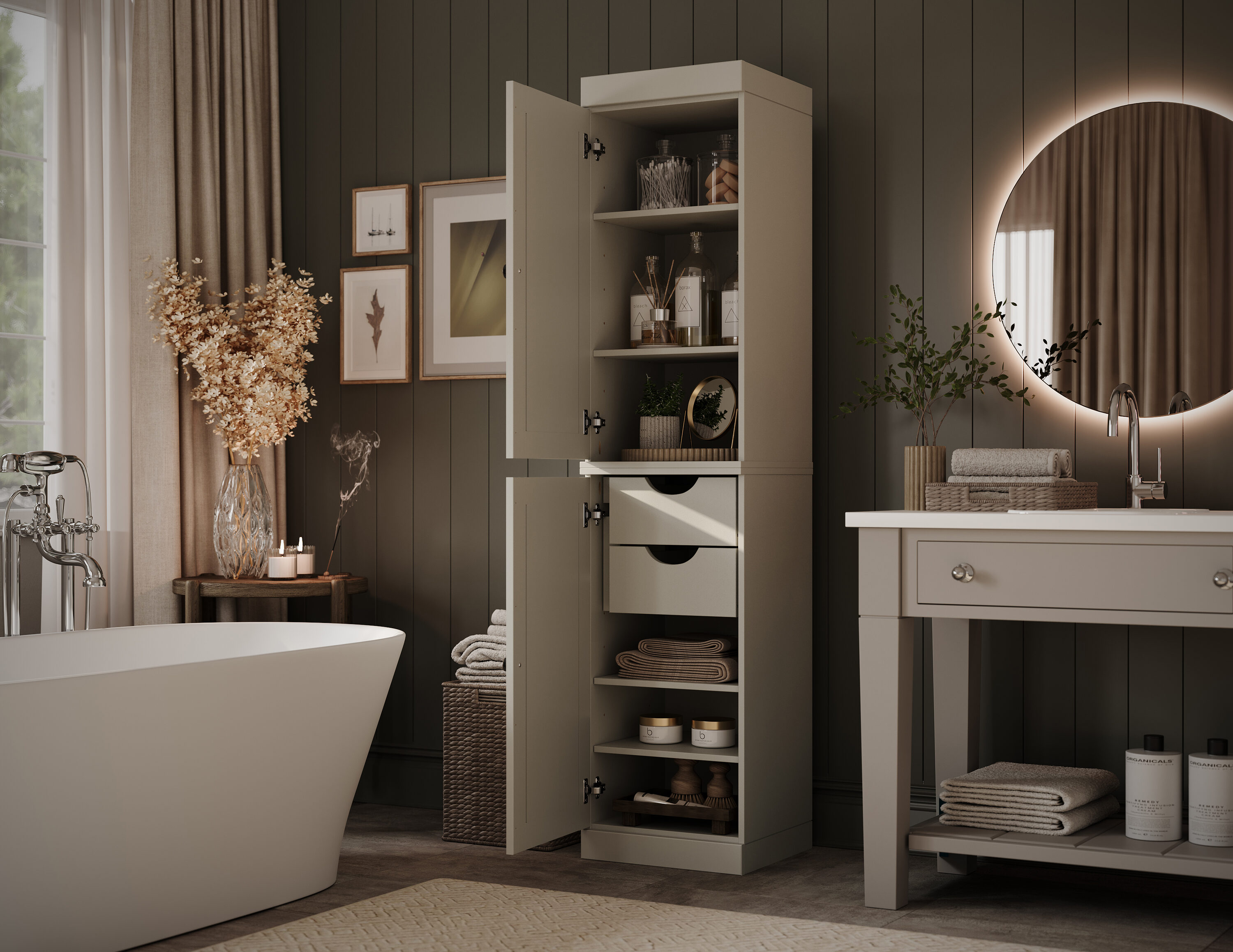 Palace Imports Solid Wood Tall Modular Narrow Shaker Bathroom Linen Laundry Room Storage Cabinet with 2 Drawers