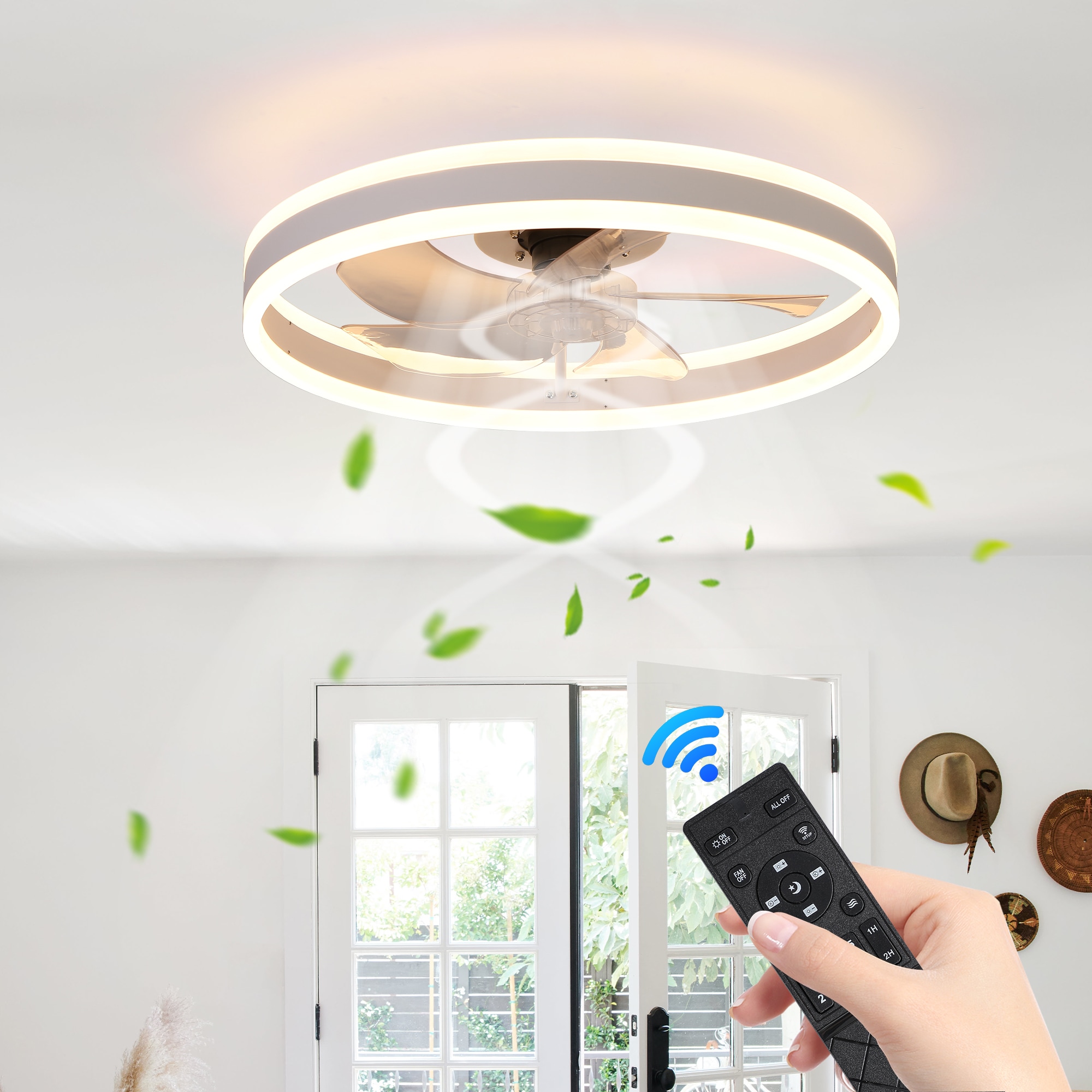 HKMGT DJ-FSD-28 20-in Color-Changing Integrated LED Flush Mount White with Gray+Clear Blades Fandelier Ceiling Fan With Light and Remote ( 5 -Blade )