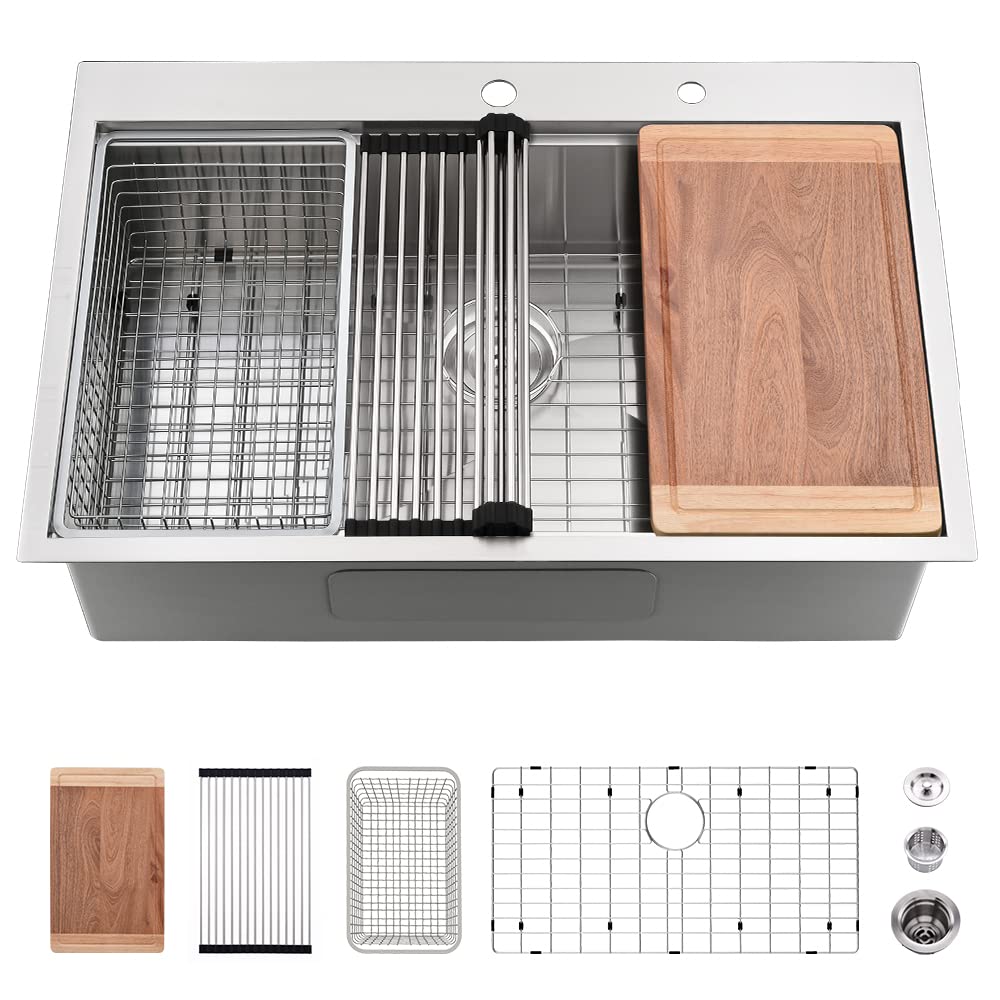 LILILIAN FMY  28 Inch Drop In Kitchen Sink Workstation Stainless Steel Single Bowl Deep Basin with Accessories durable home